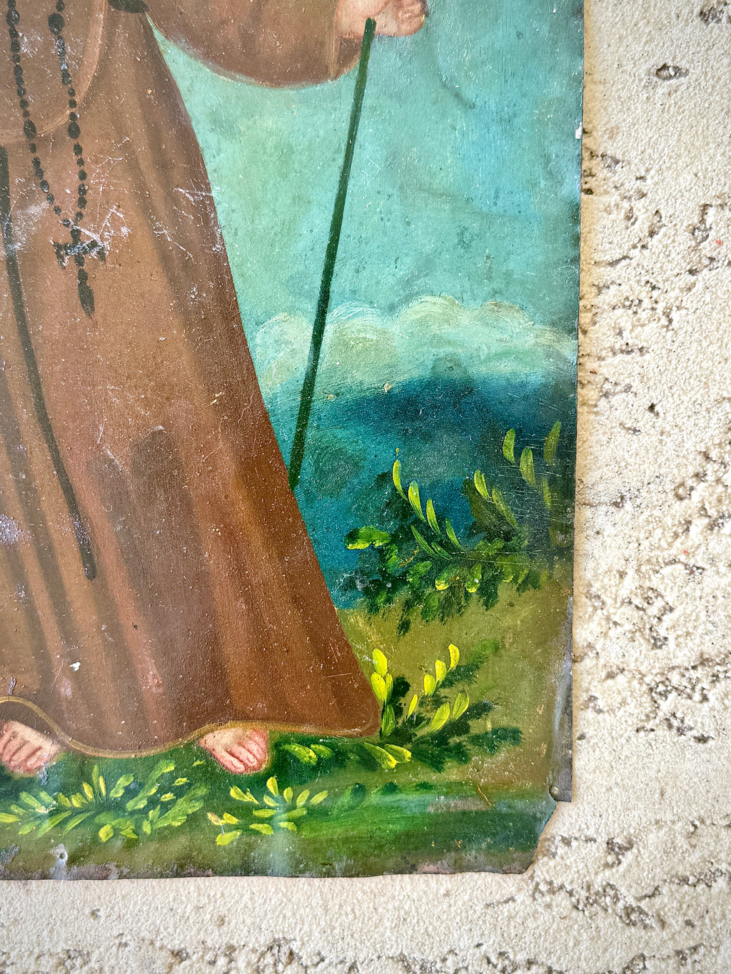 19th Century Saint Francis of Paola Oil on Tin Retablo | Mexican Folk Art Devotional Painting