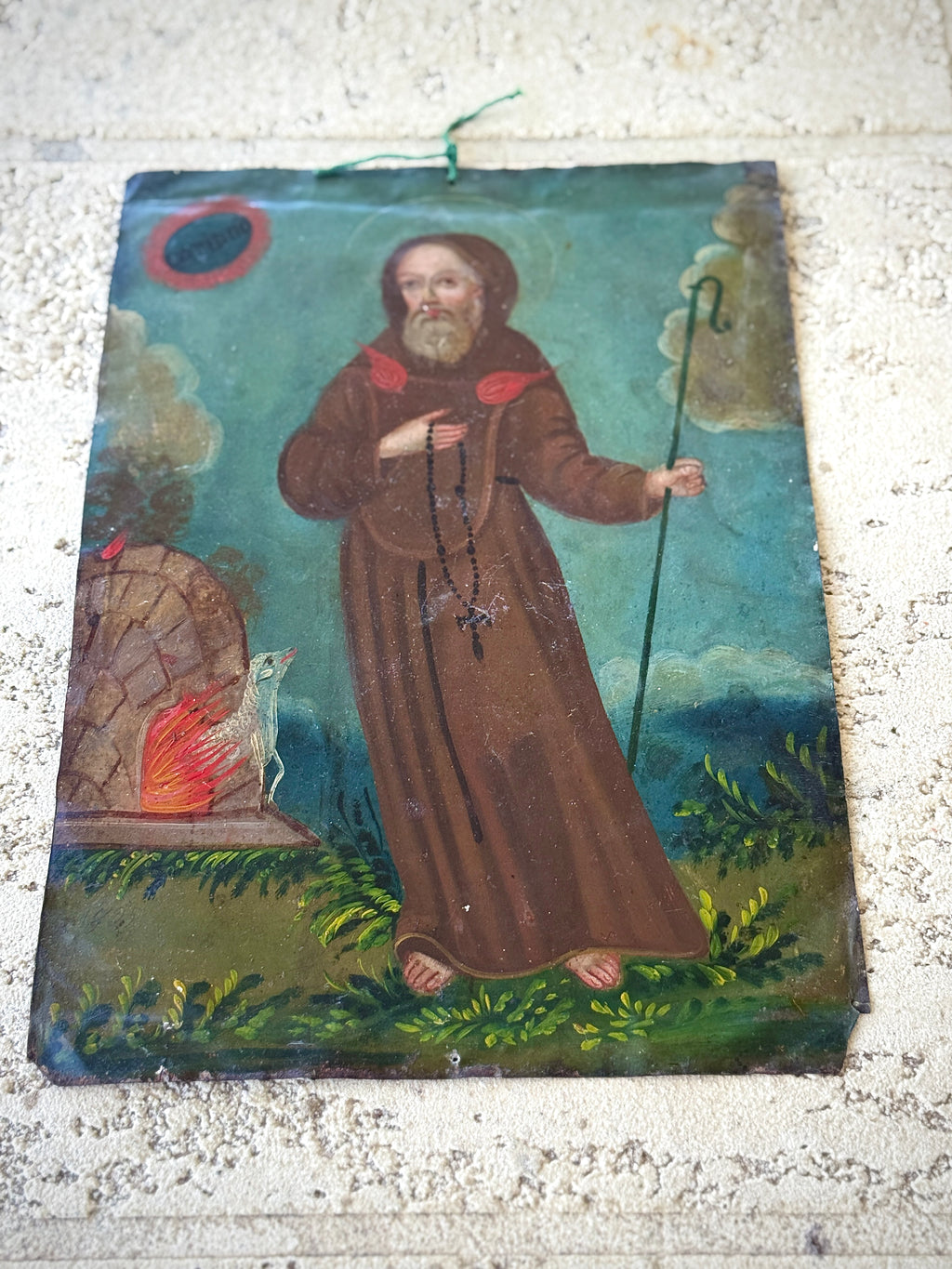 19th Century Saint Francis of Paola Oil on Tin Retablo | Mexican Folk Art Devotional Painting
