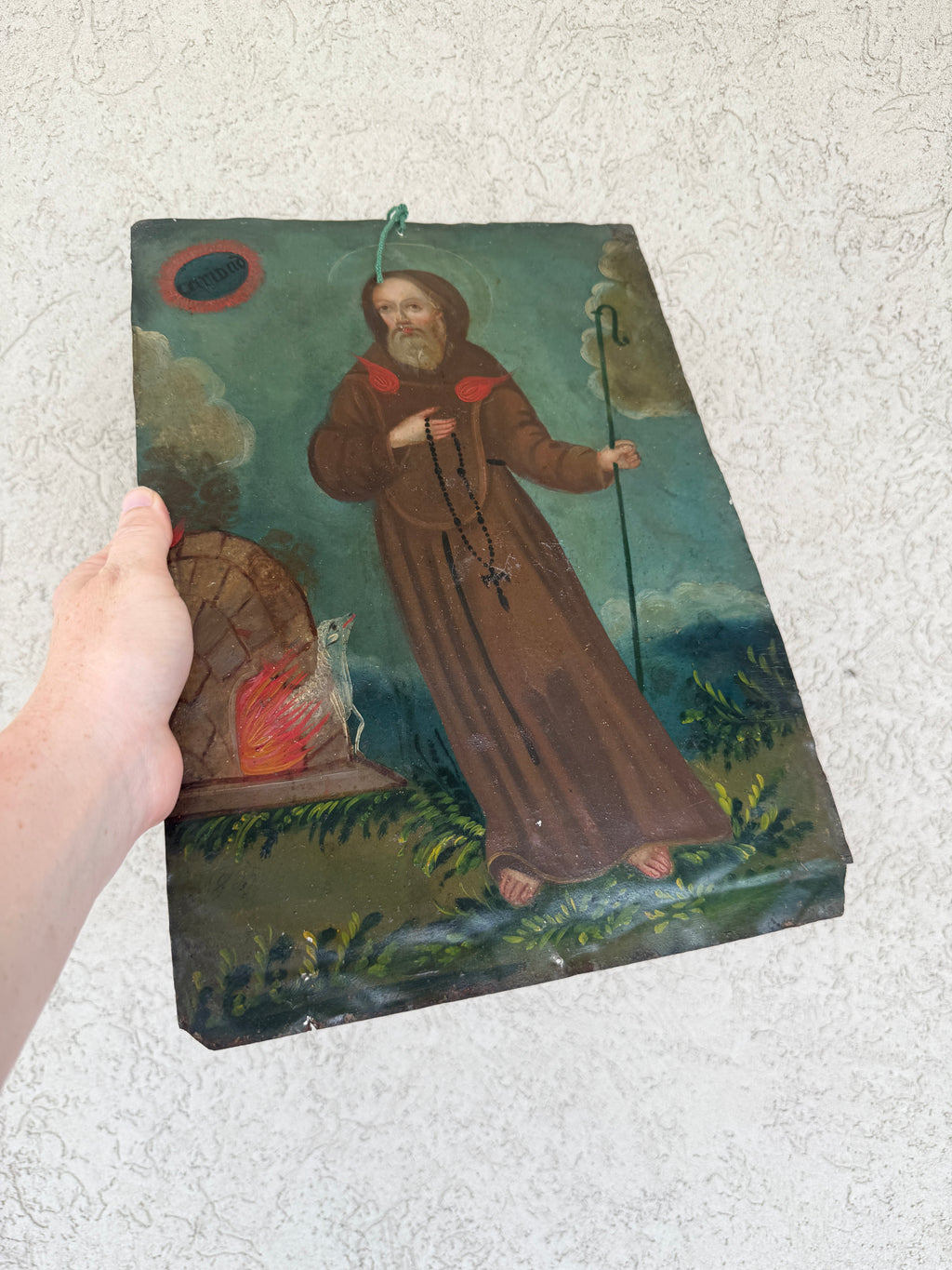 19th Century Saint Francis of Paola Oil on Tin Retablo | Mexican Folk Art Devotional Painting