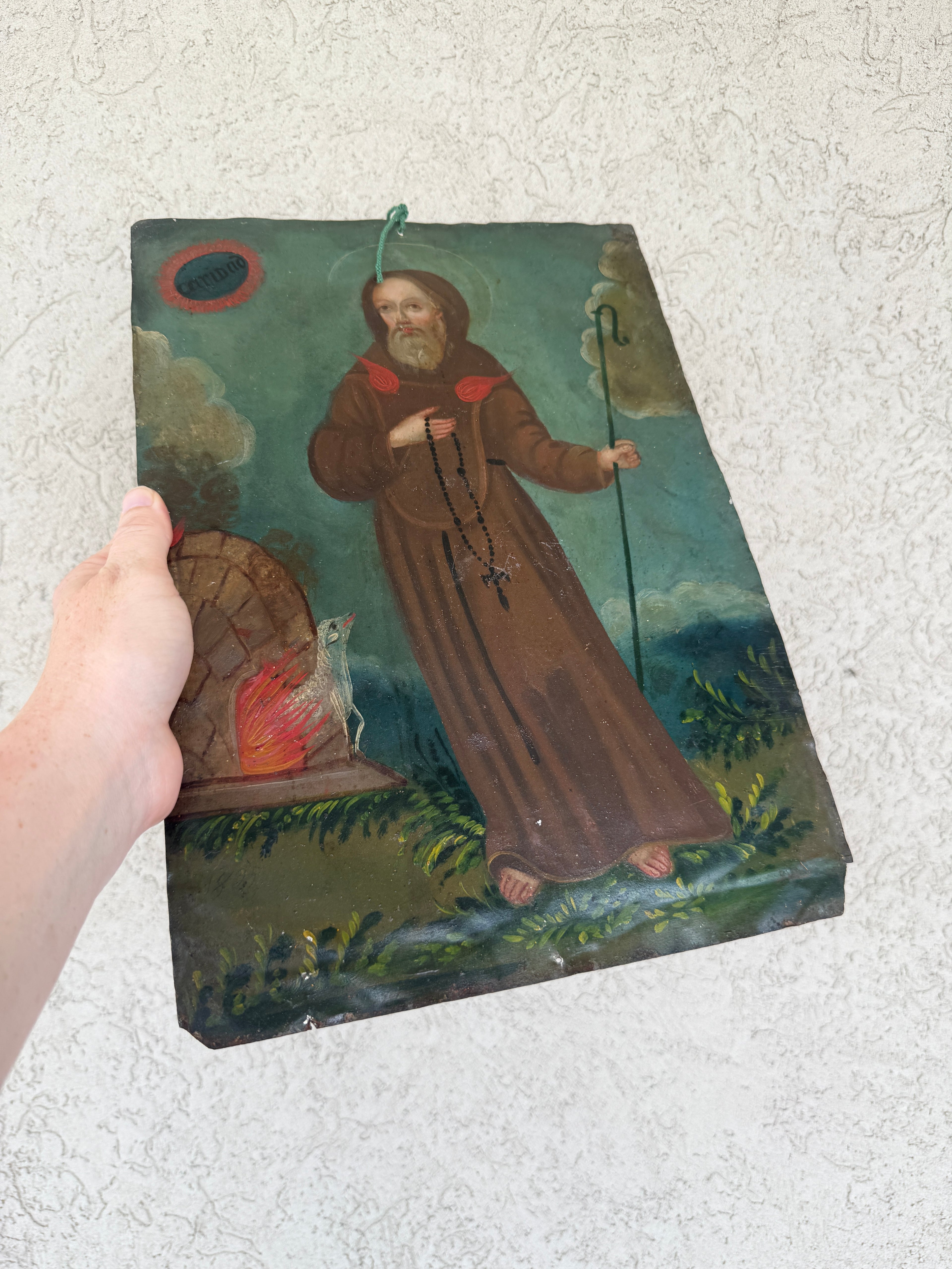 19th Century Saint Francis of Paola Oil on Tin Retablo | Mexican Folk Art Devotional Painting