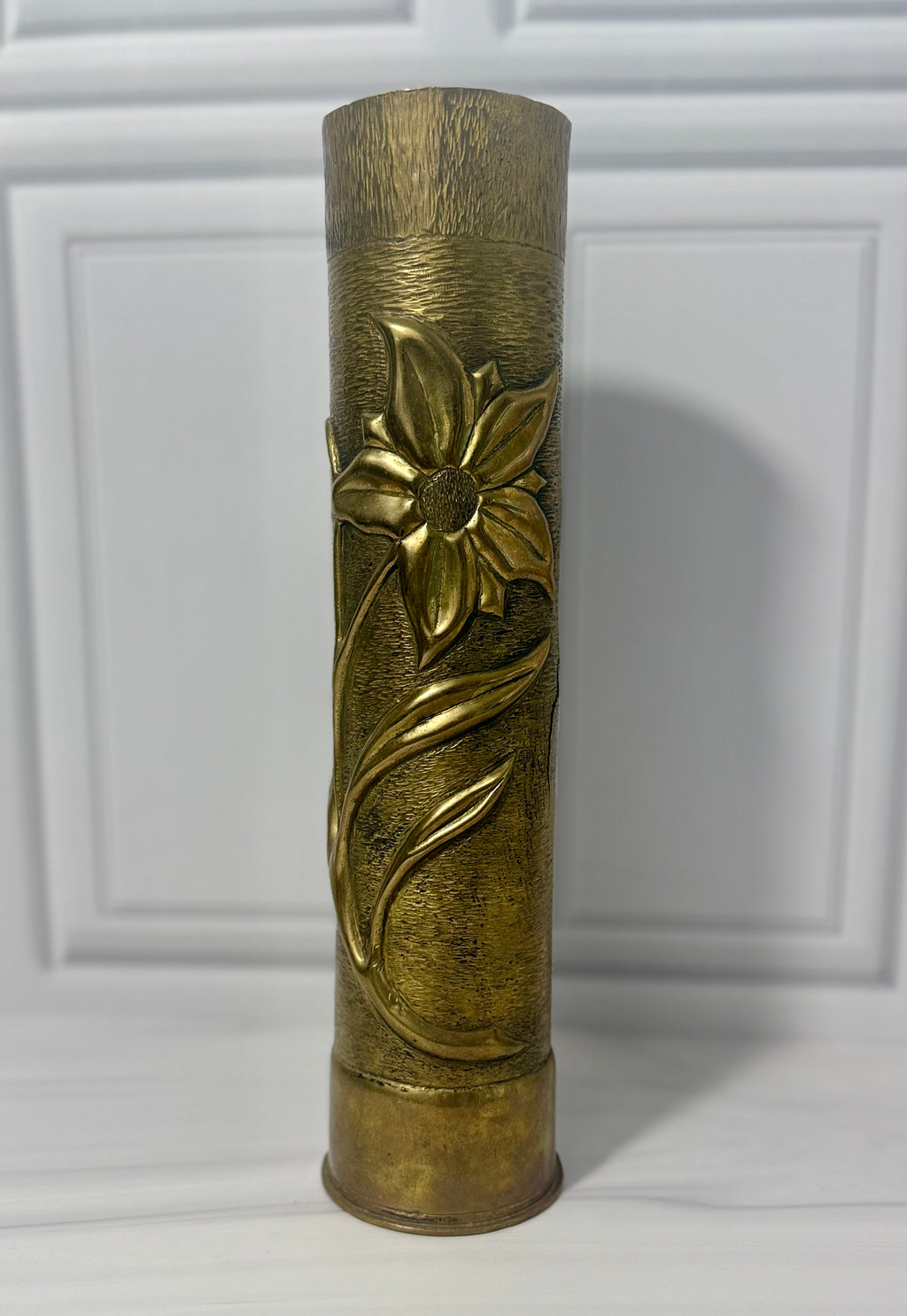 Antique WWI Brass Shell Vase | Hand Repoussé Floral Art Nouveau Military Folk Art