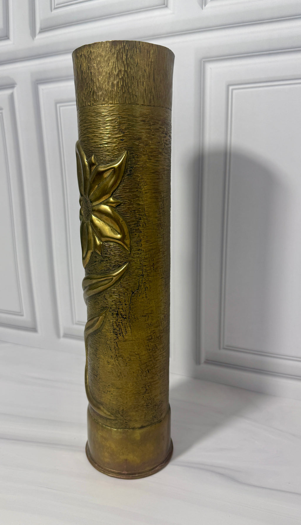 Antique WWI Brass Shell Vase | Hand Repoussé Floral Art Nouveau Military Folk Art
