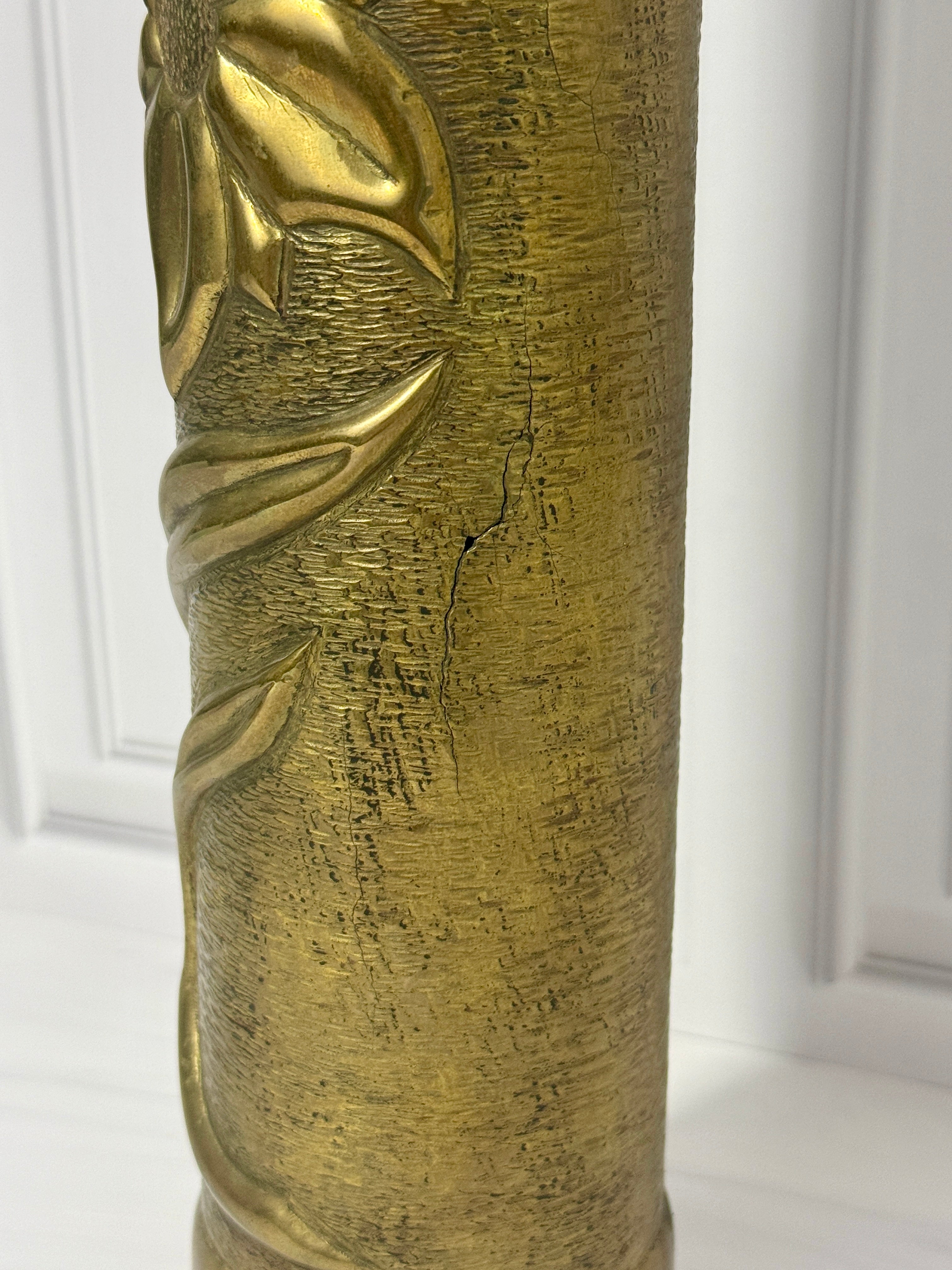 Antique WWI Brass Shell Vase | Hand Repoussé Floral Art Nouveau Military Folk Art