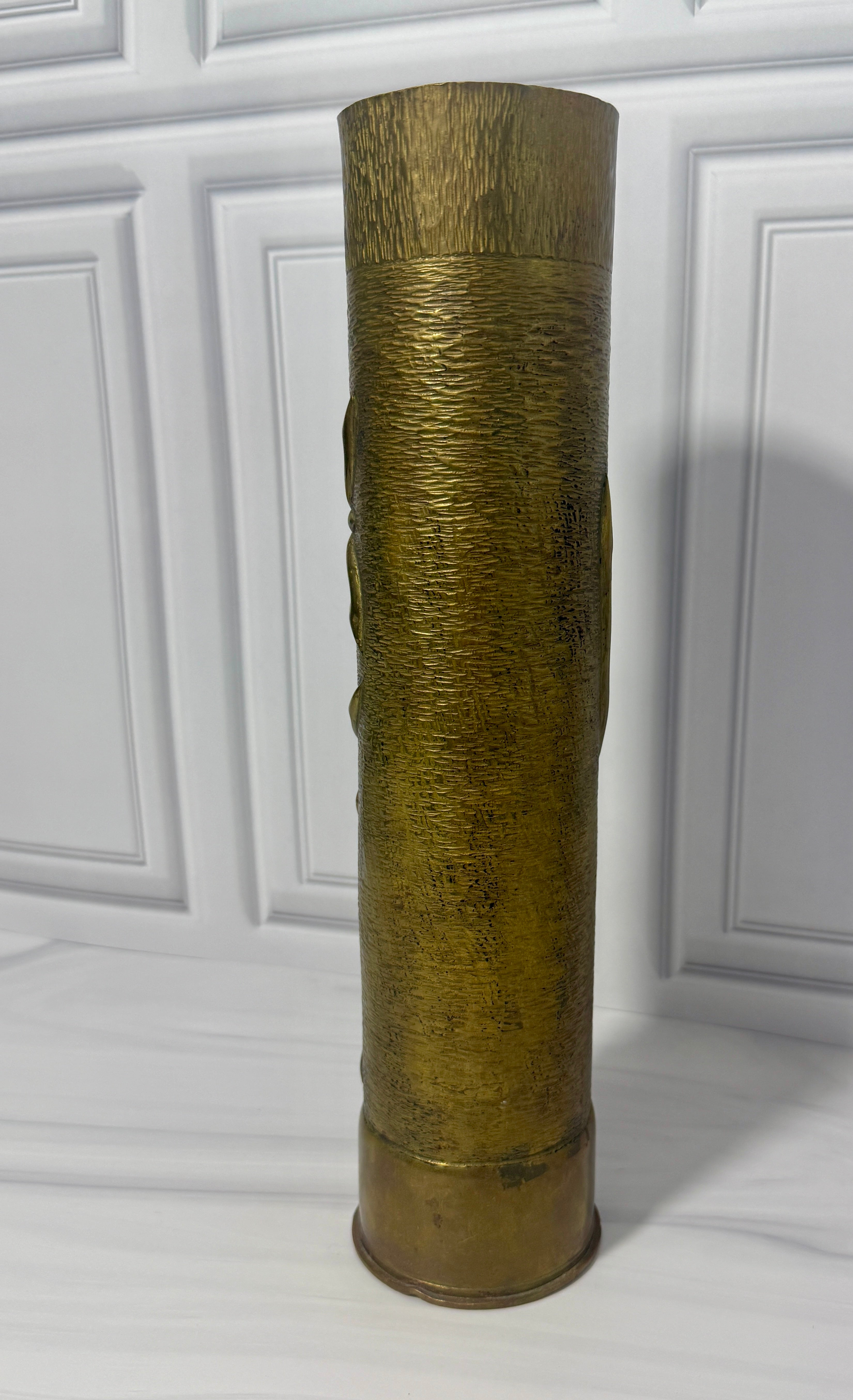 Antique WWI Brass Shell Vase | Hand Repoussé Floral Art Nouveau Military Folk Art