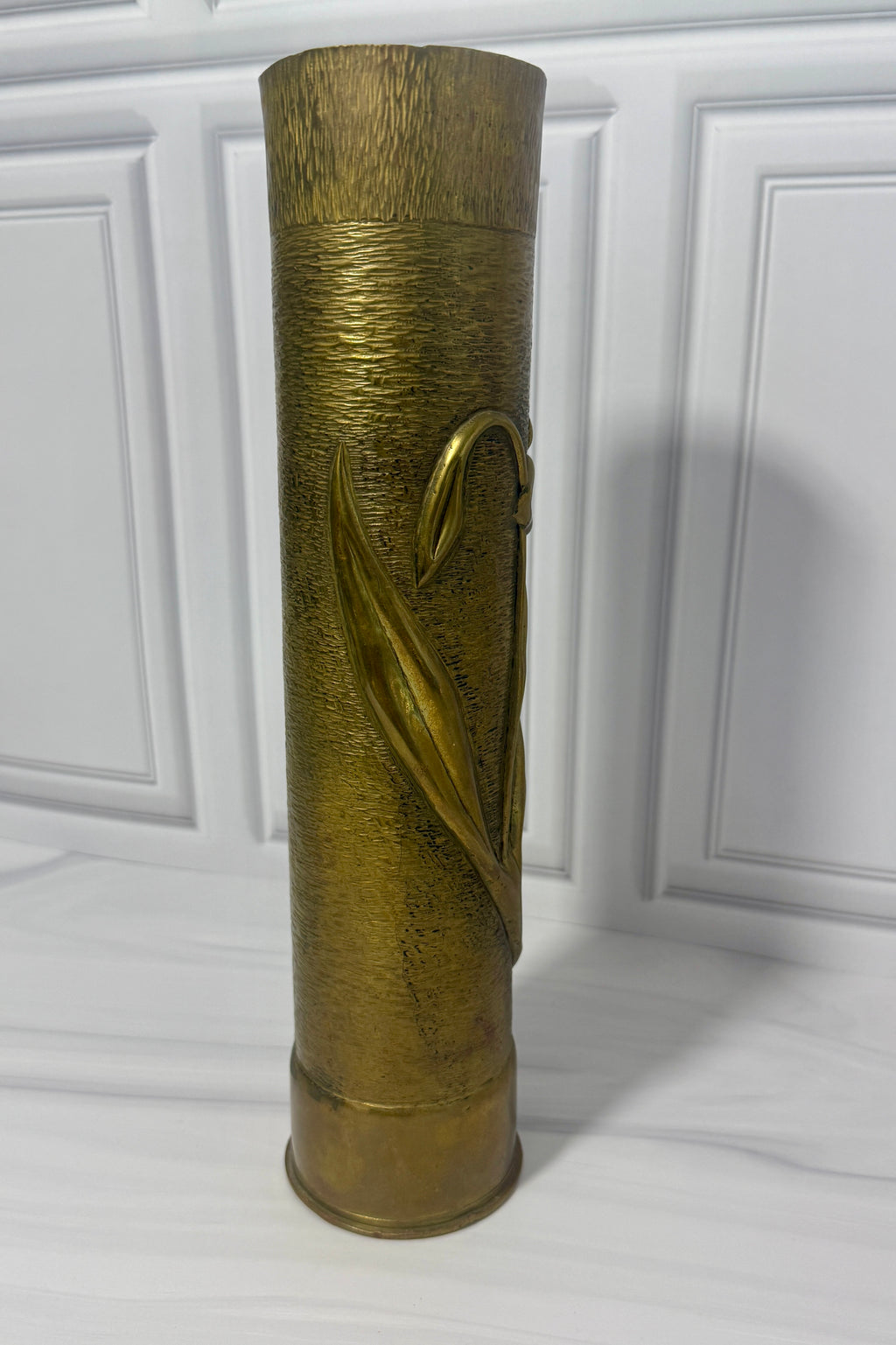Antique WWI Brass Shell Vase | Hand Repoussé Floral Art Nouveau Military Folk Art