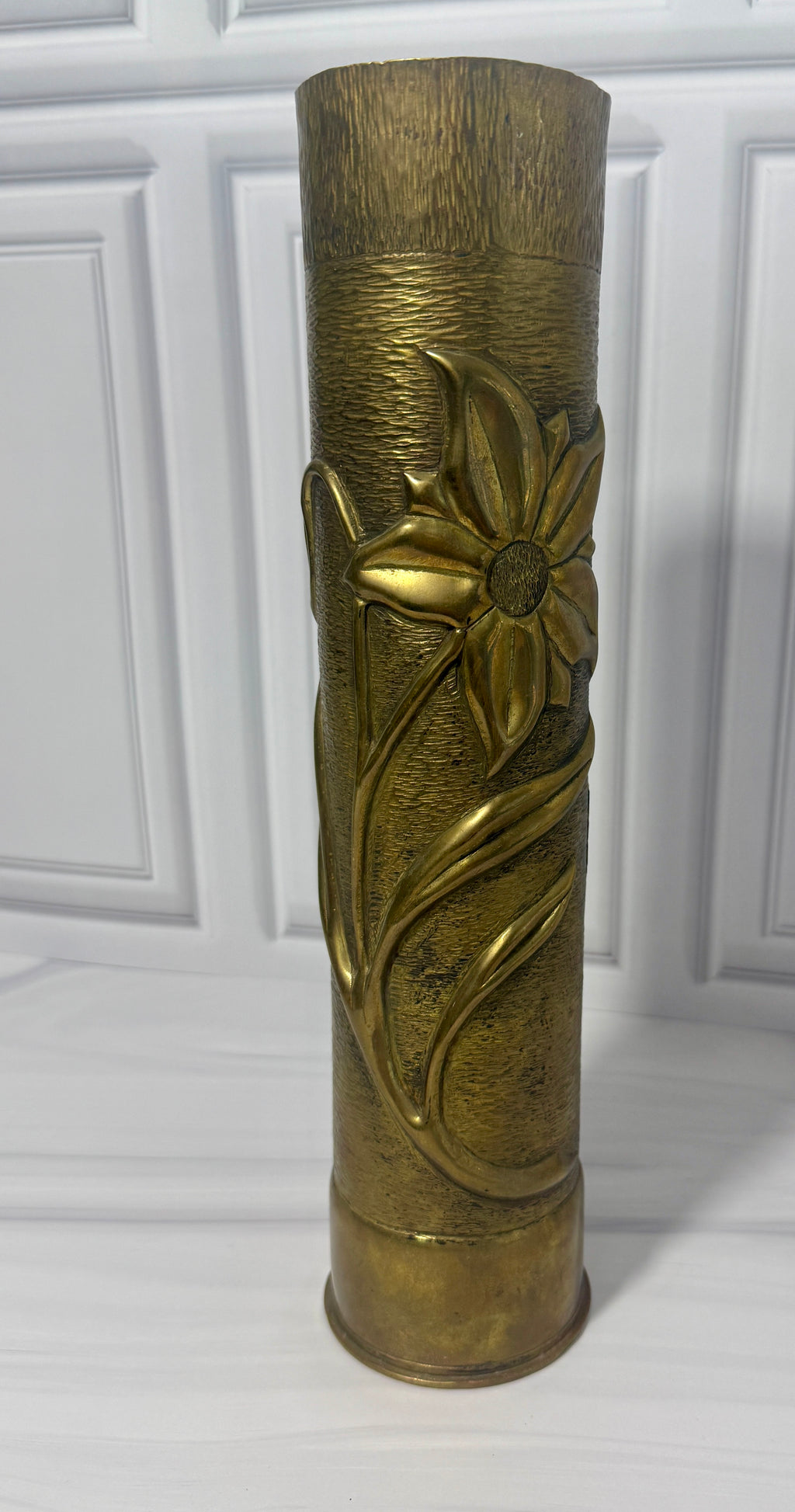 Antique WWI Brass Shell Vase | Hand Repoussé Floral Art Nouveau Military Folk Art