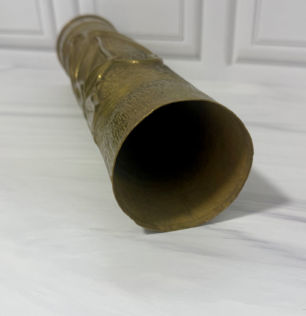 Antique WWI Brass Shell Vase | Hand Repoussé Floral Art Nouveau Military Folk Art