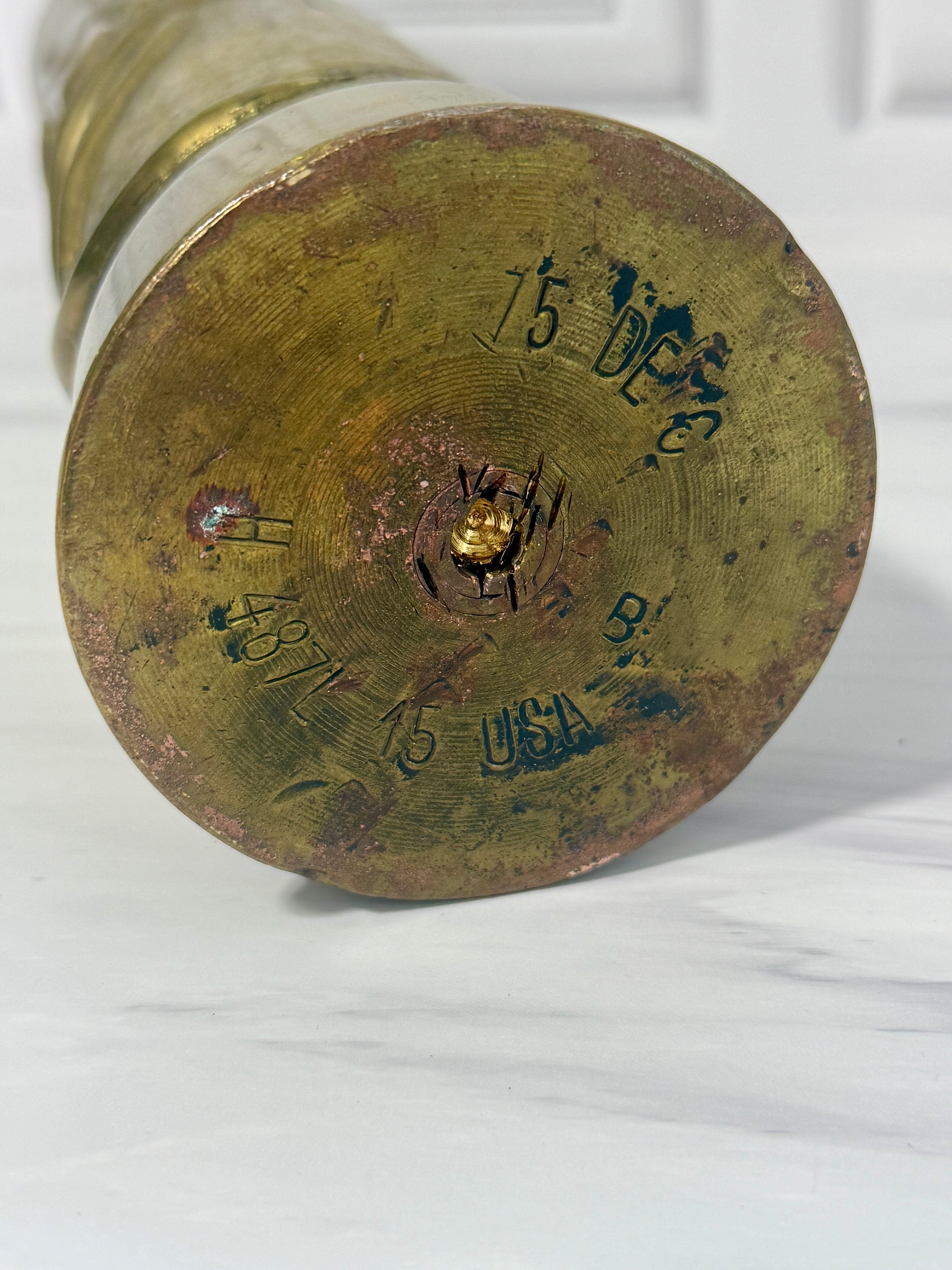 Antique WWI Brass Shell Vase | Hand Repoussé Floral Art Nouveau Military Folk Art