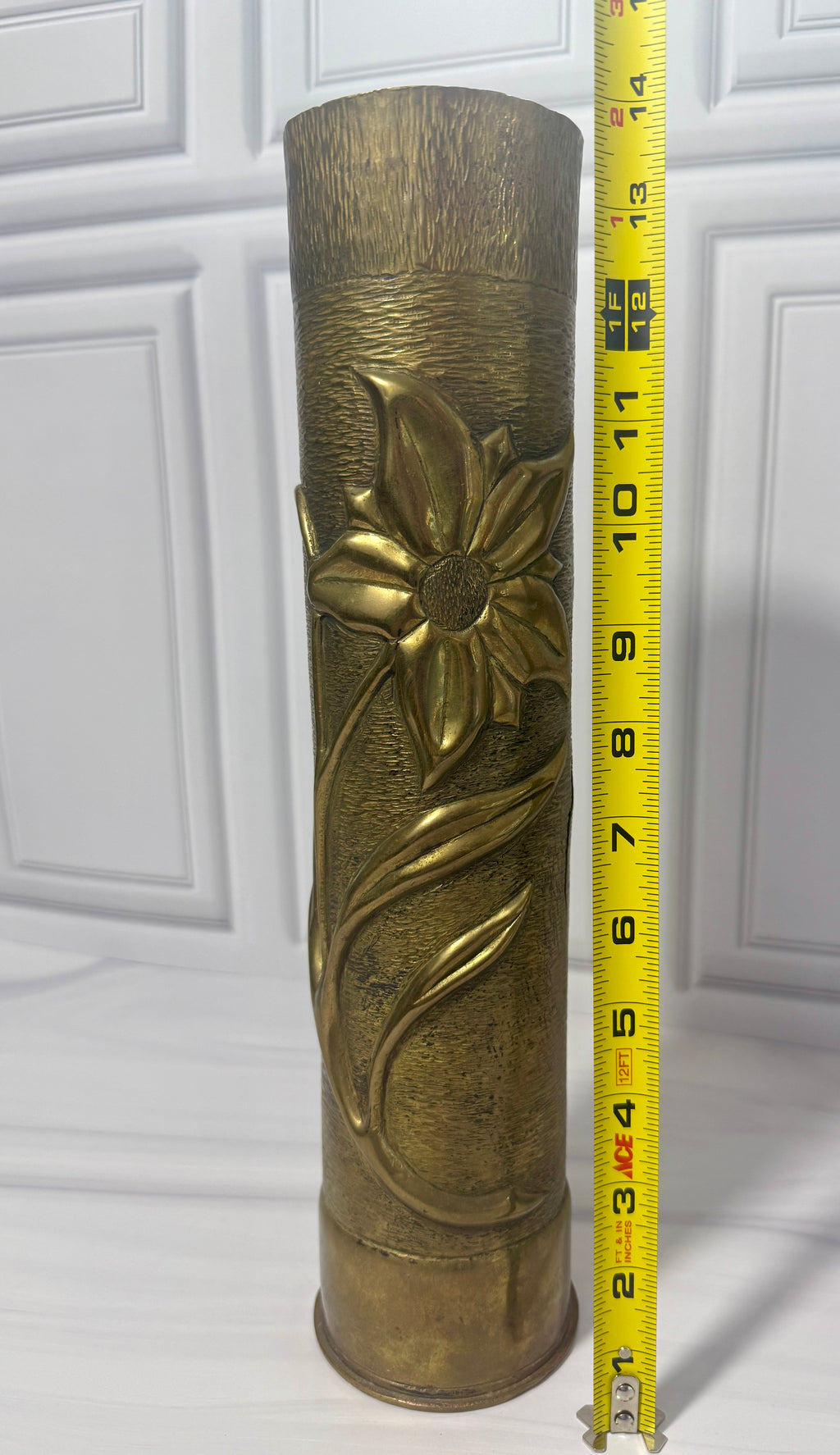 Antique WWI Brass Shell Vase | Hand Repoussé Floral Art Nouveau Military Folk Art