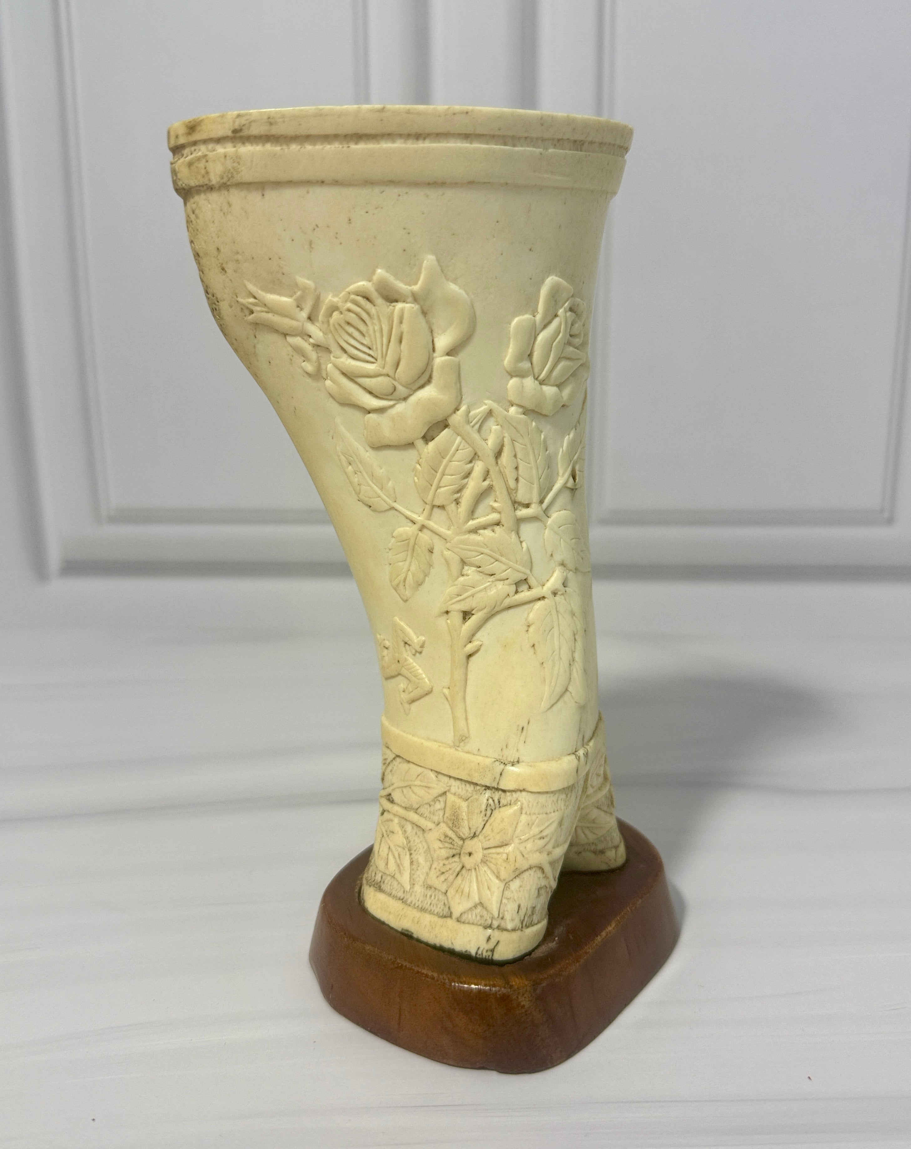 WWI Internment Camp Carved Art Vase "In Remembrance of the Great War" Rose Motif