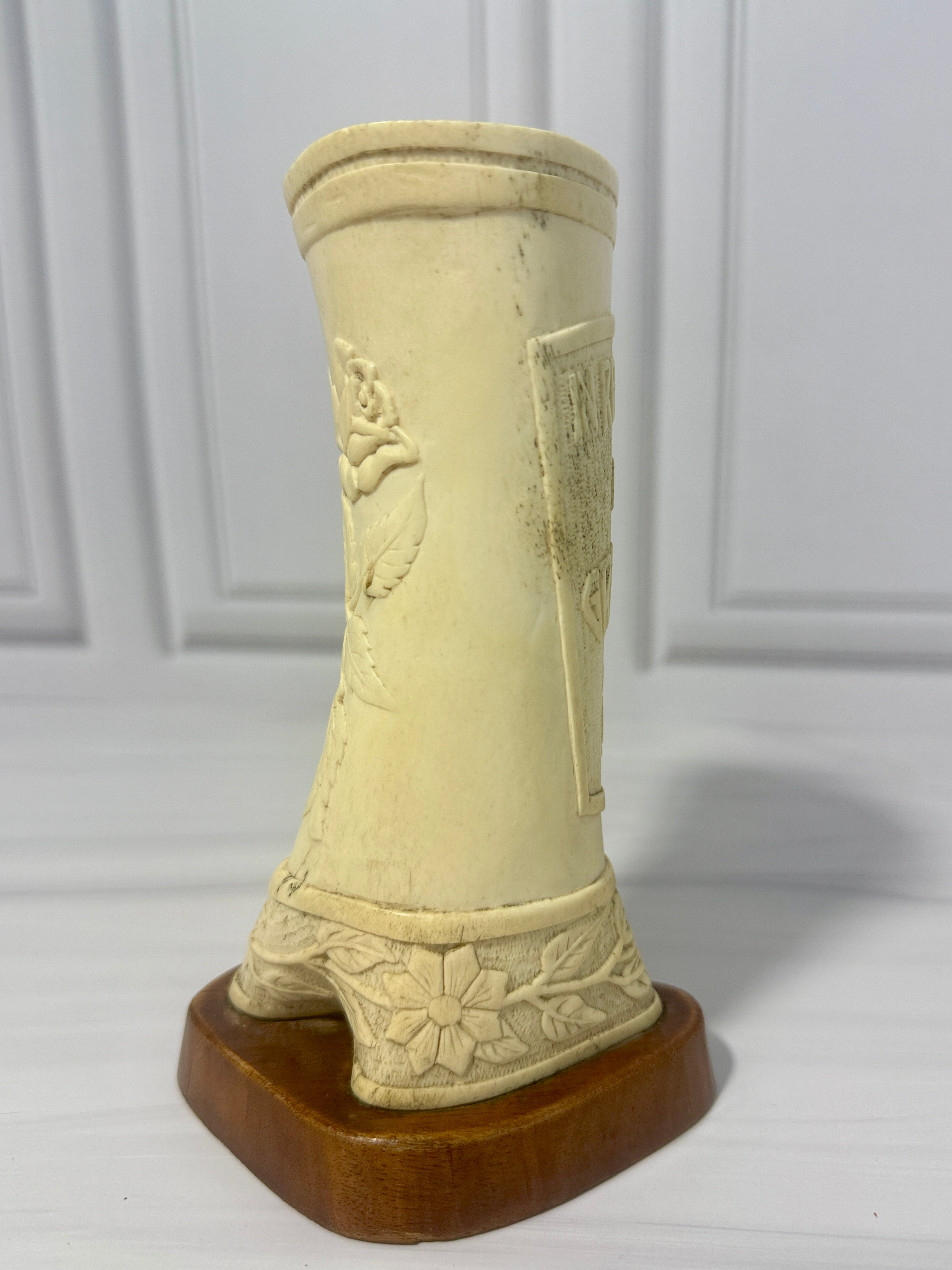 WWI Internment Camp Carved Art Vase "In Remembrance of the Great War" Rose Motif