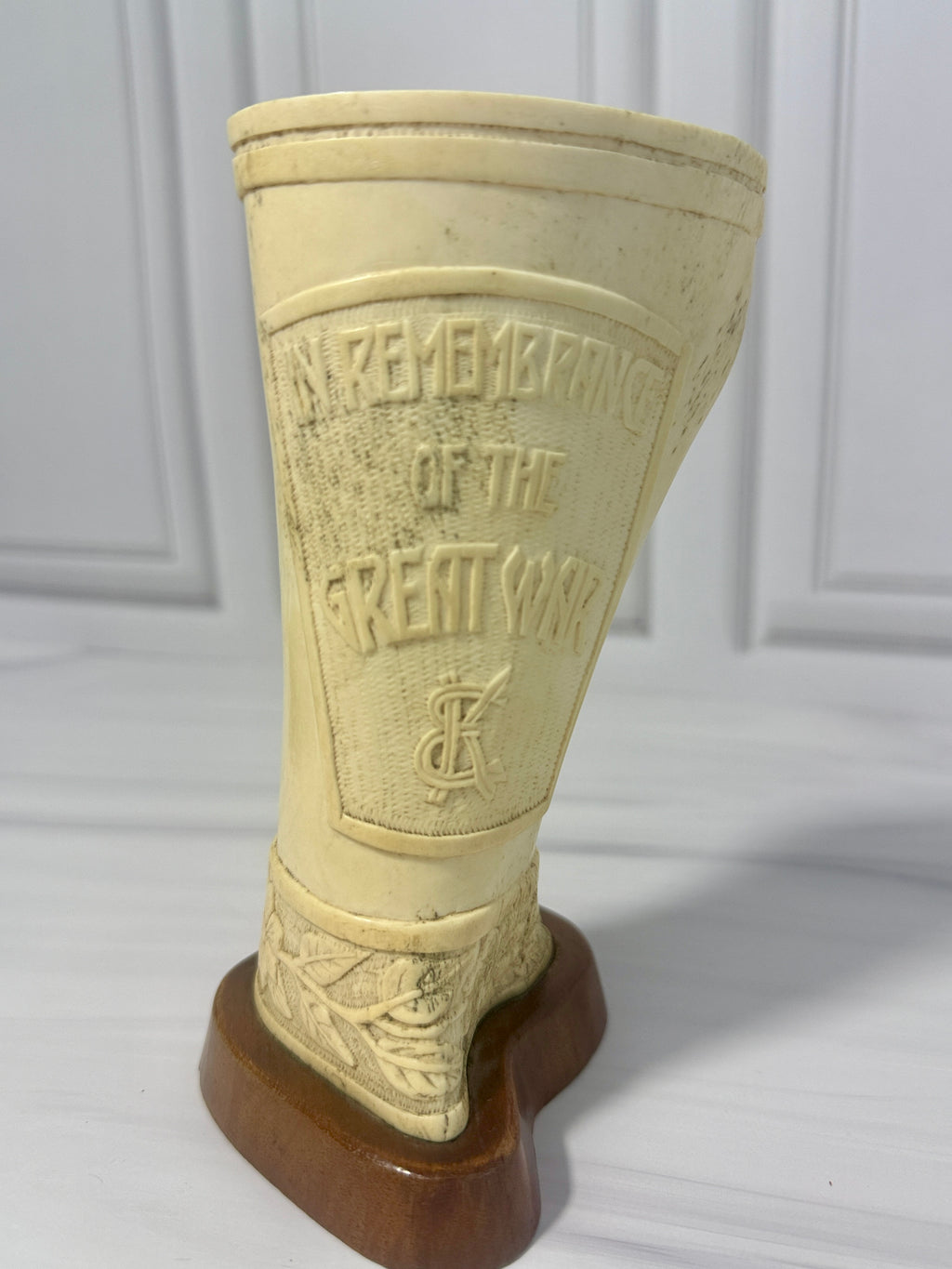 WWI Internment Camp Carved Art Vase "In Remembrance of the Great War" Rose Motif