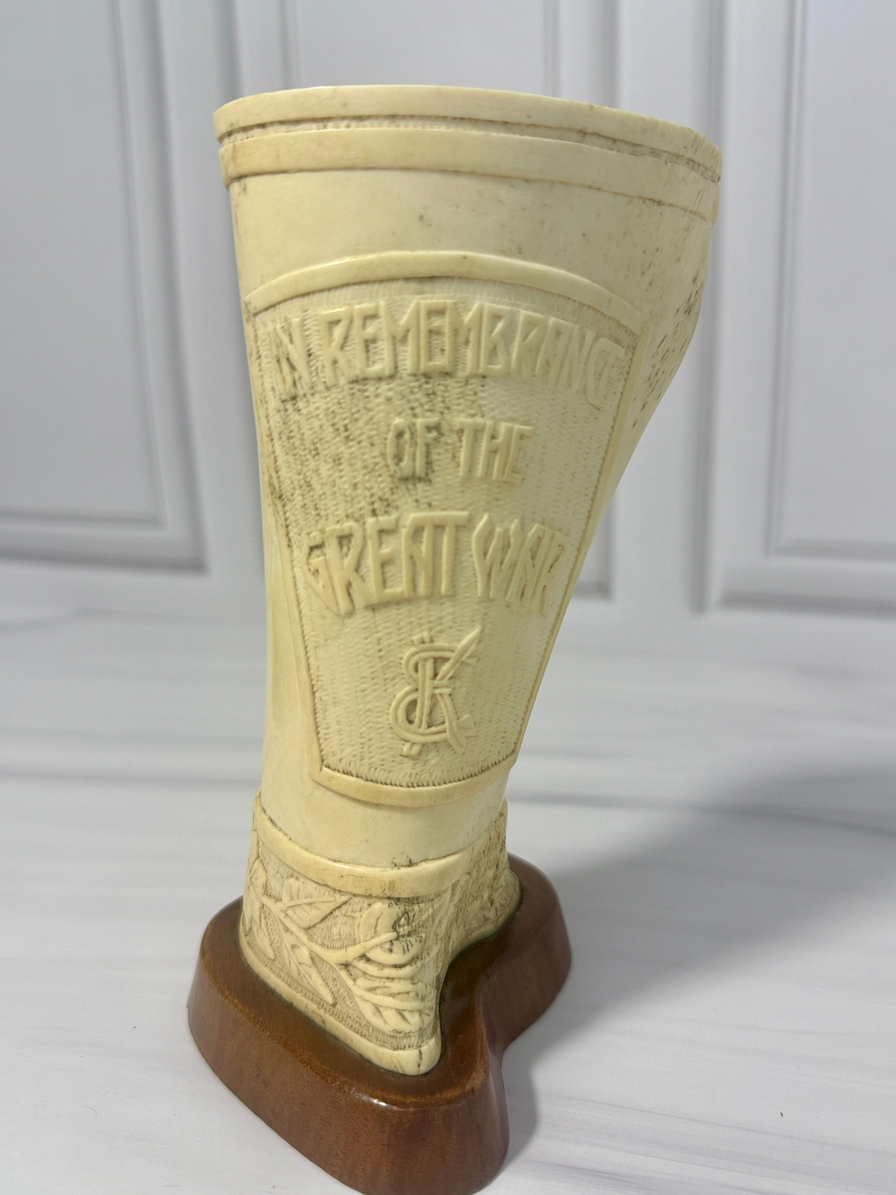 WWI Internment Camp Carved Art Vase "In Remembrance of the Great War" Rose Motif