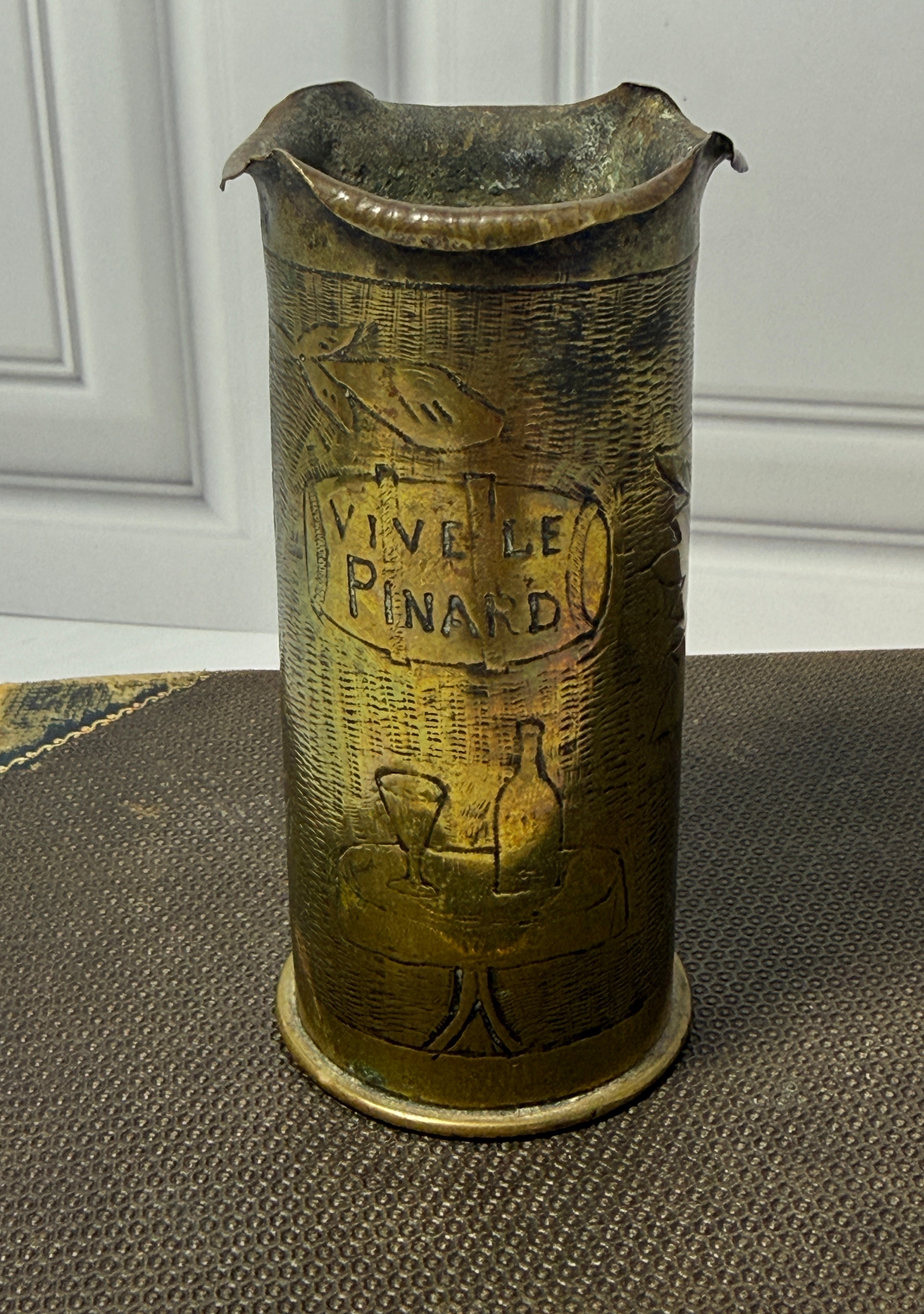 Antique French WWI 37mm Trench Art Shell Casing Vase Vive Le Pinard Engraved