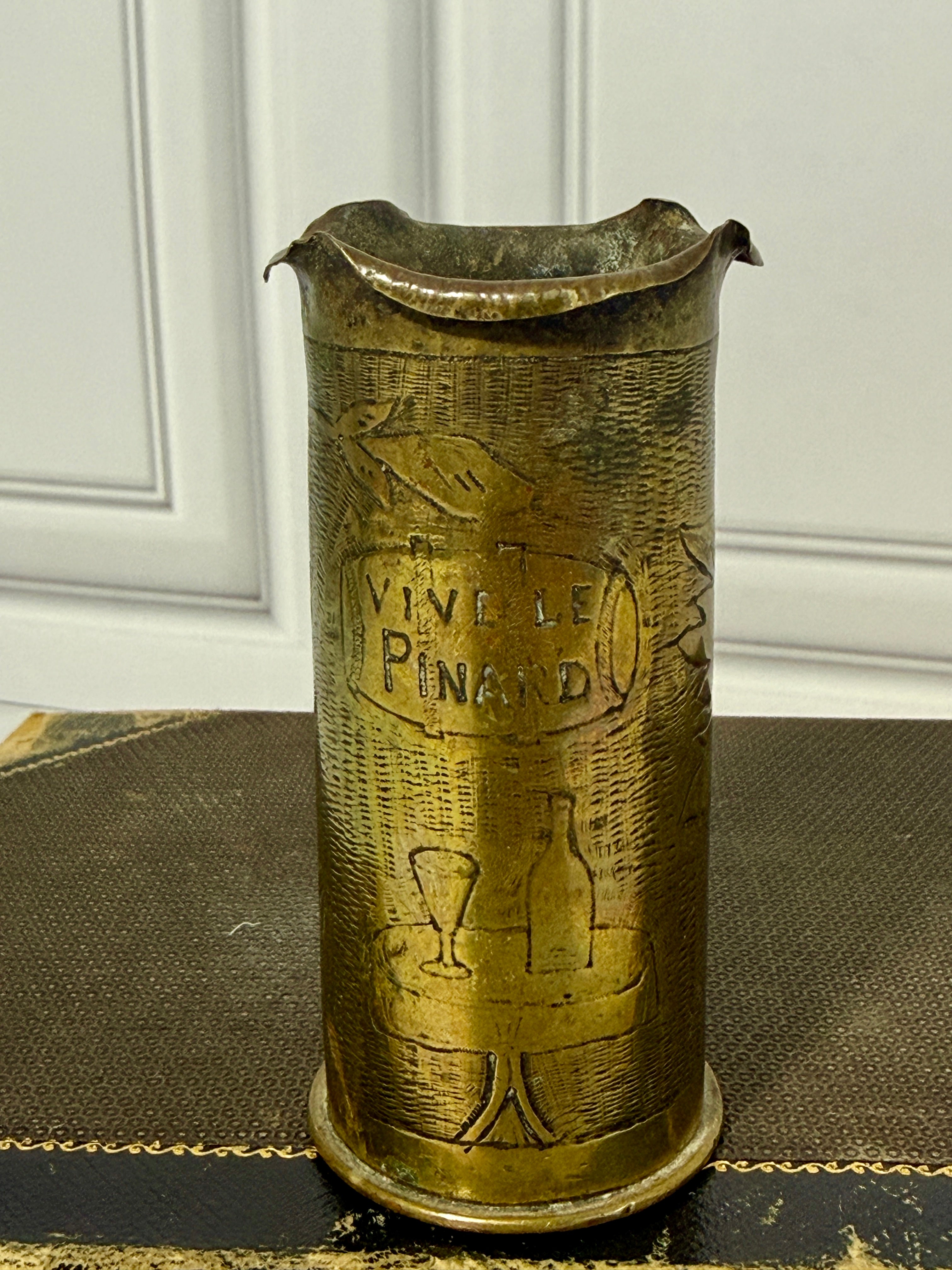 Antique French WWI 37mm Trench Art Shell Casing Vase Vive Le Pinard Engraved