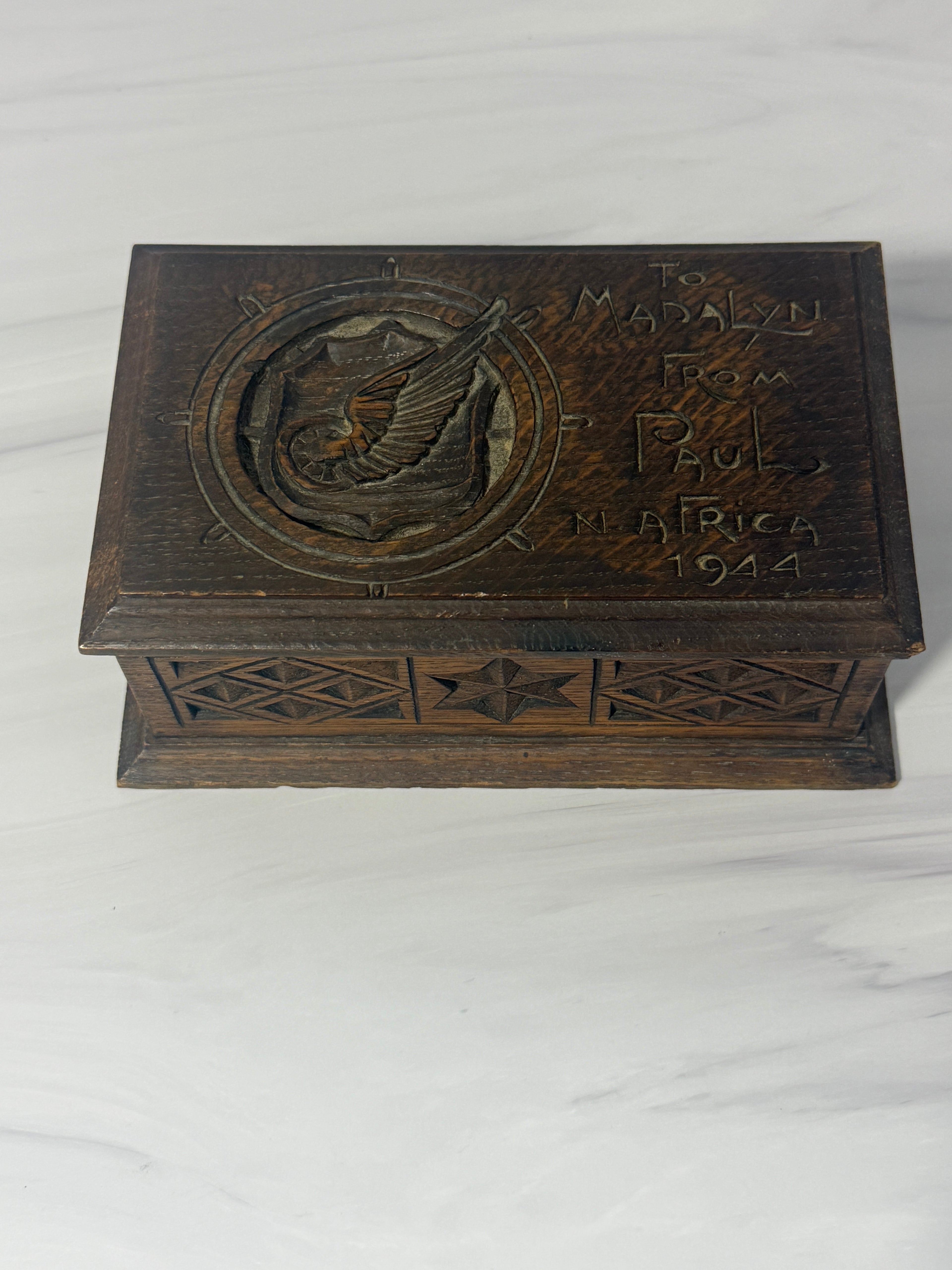 WWII US Army Transportation Corps Hand Carved Wood Box – North Africa 1944 Keepsake