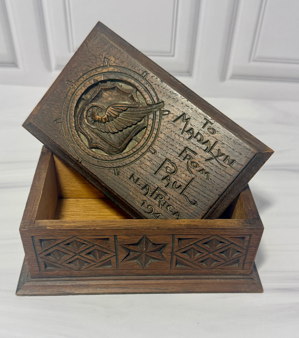 WWII US Army Transportation Corps Hand Carved Wood Box – North Africa 1944 Keepsake