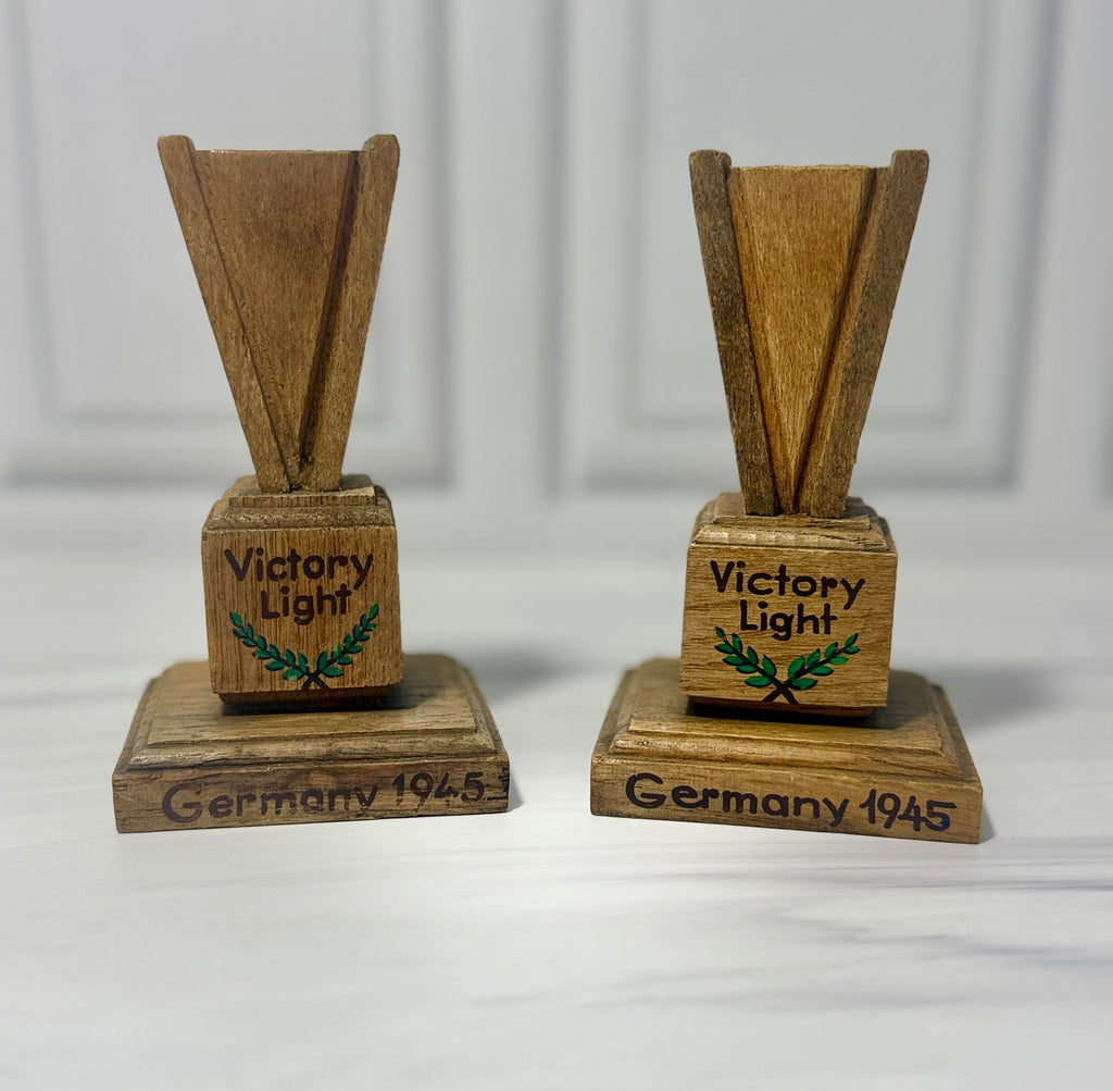 Vintage Pair of "Victory Light" Wooden Candle Holders – Germany 1945 WWII Commemorative