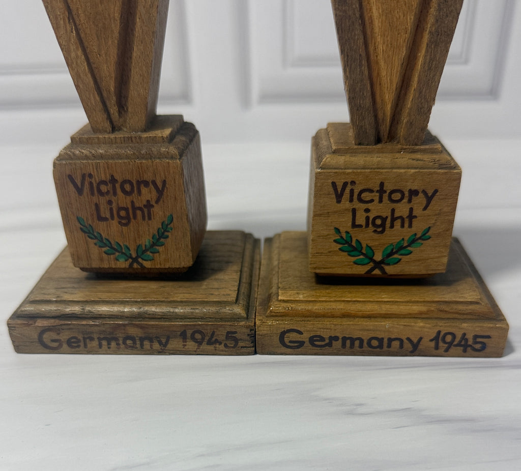 Vintage Pair of "Victory Light" Wooden Candle Holders – Germany 1945 WWII Commemorative
