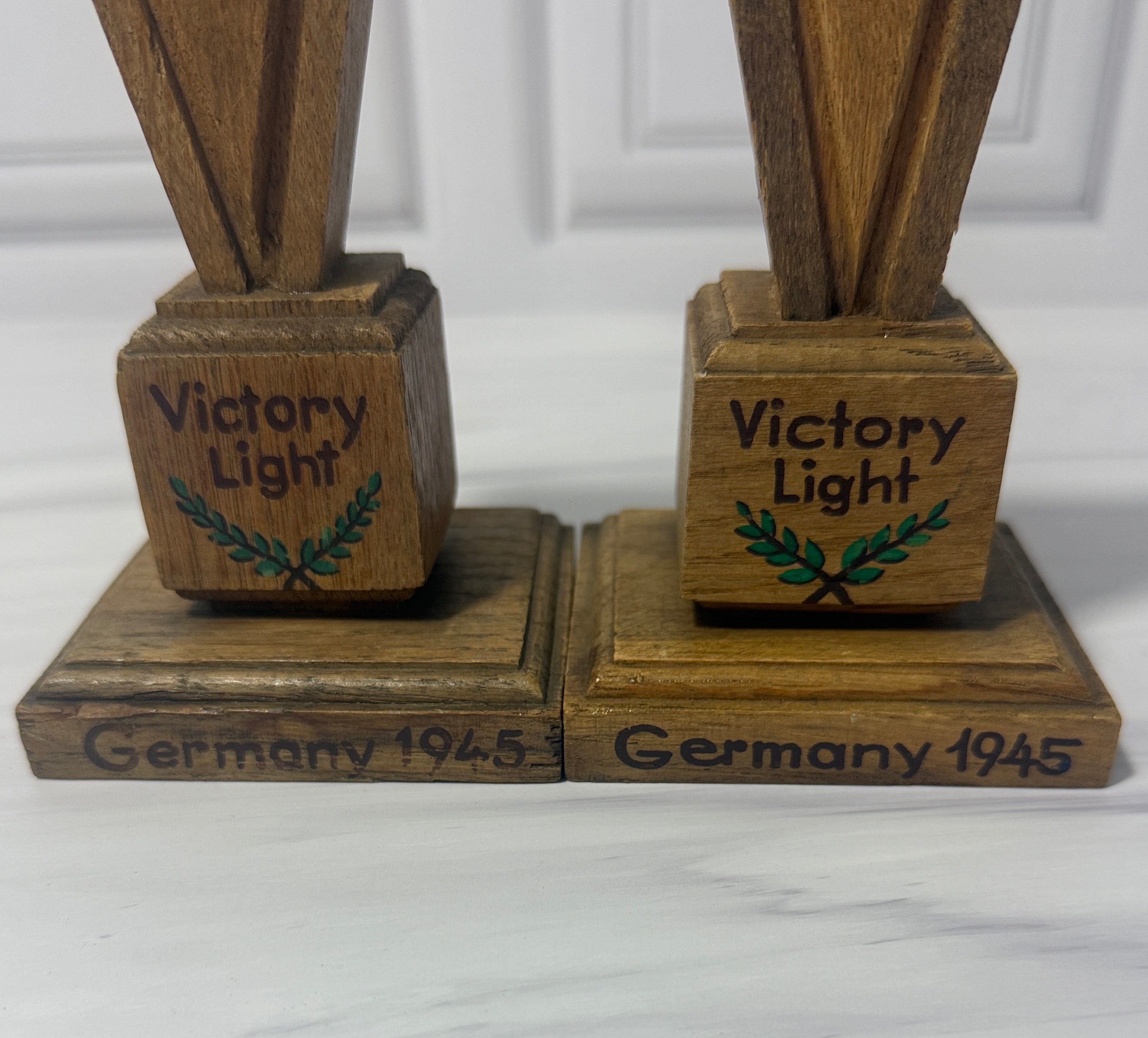 Vintage Pair of "Victory Light" Wooden Candle Holders – Germany 1945 WWII Commemorative