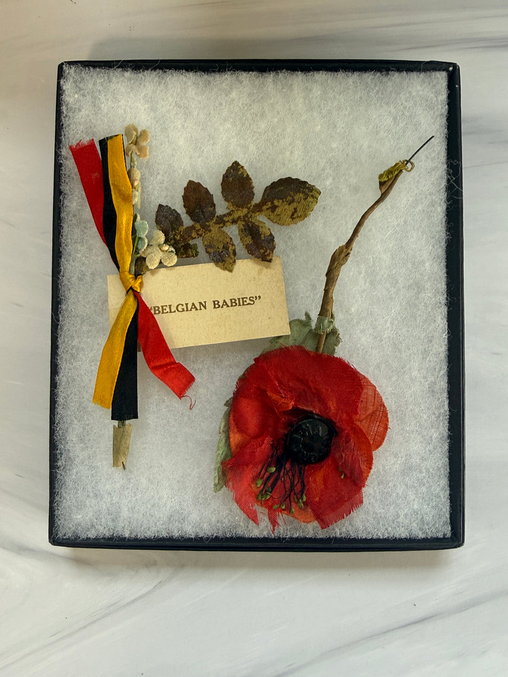 WWI Belgian Relief Fund "Belgian Babies" Corsage & Early Haig's Fund Silk Poppy