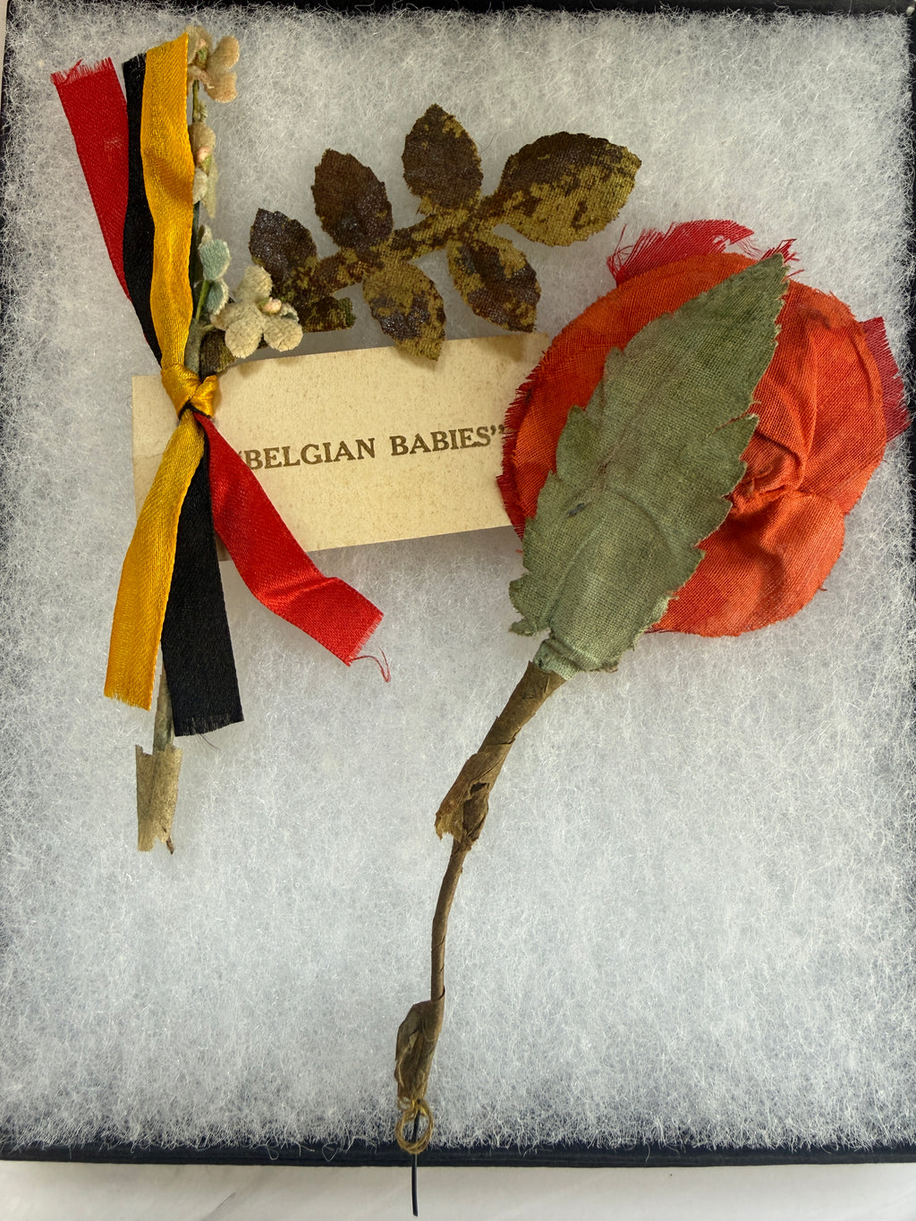 WWI Belgian Relief Fund "Belgian Babies" Corsage & Early Haig's Fund Silk Poppy