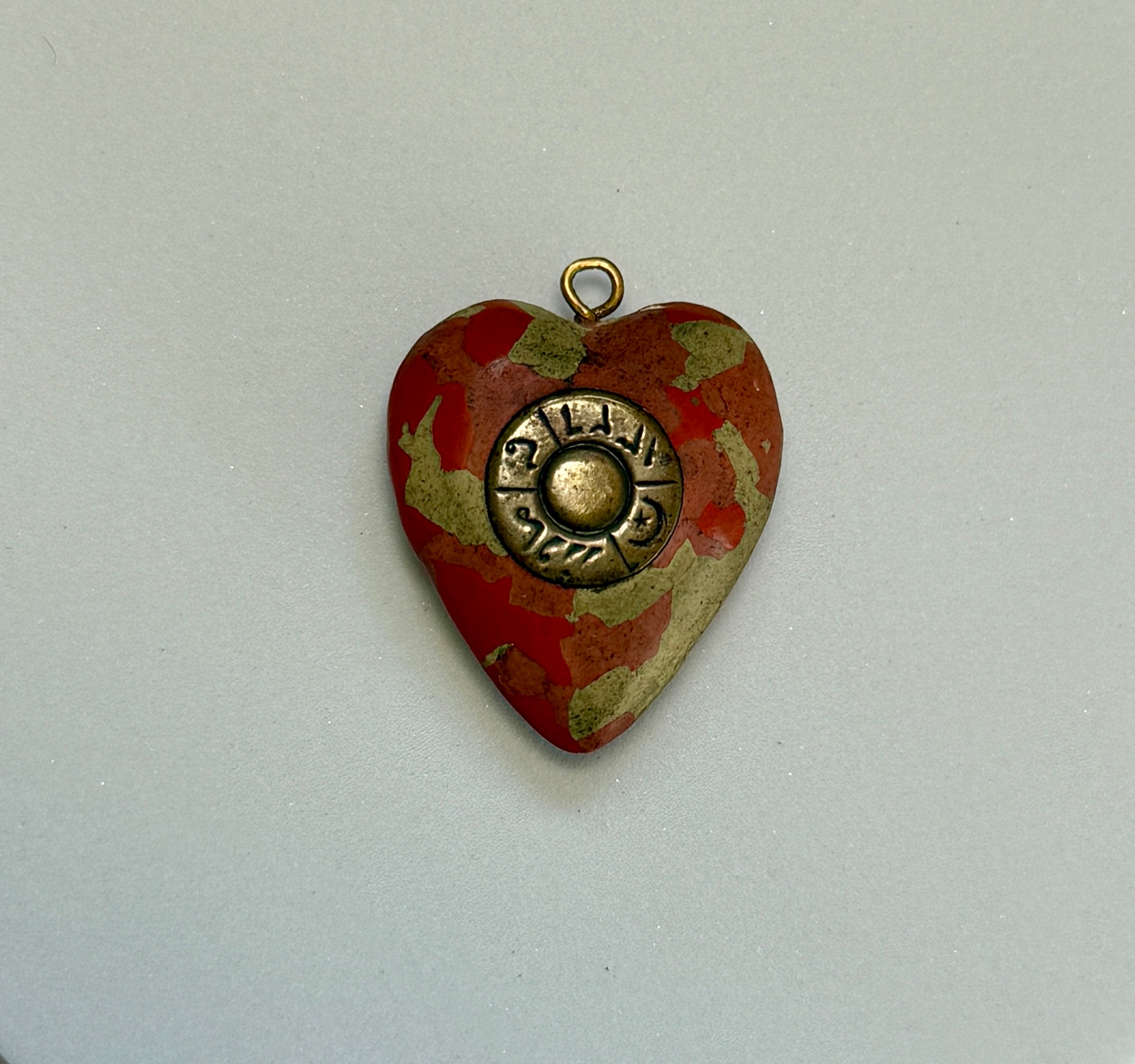WWI Trench Art Heart Pendant with Turkish Rifle Cartridge Base | Hand Painted Chalk | 1¼"