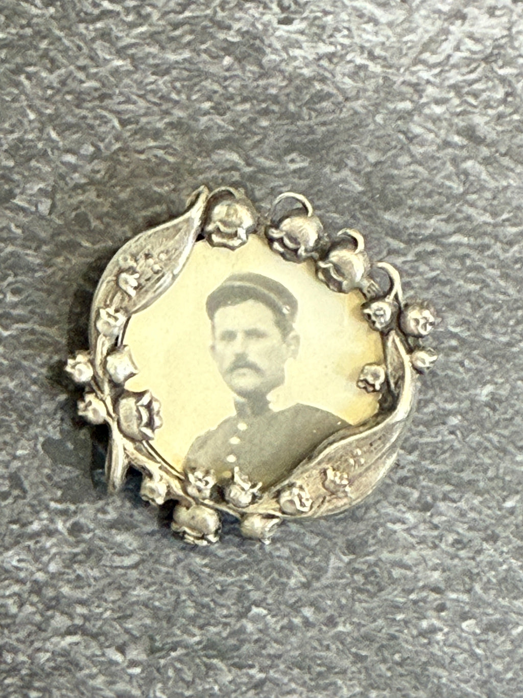 WWI French Sweetheart Brooch with Soldier Portrait – Lily of the Valley – Documented Example