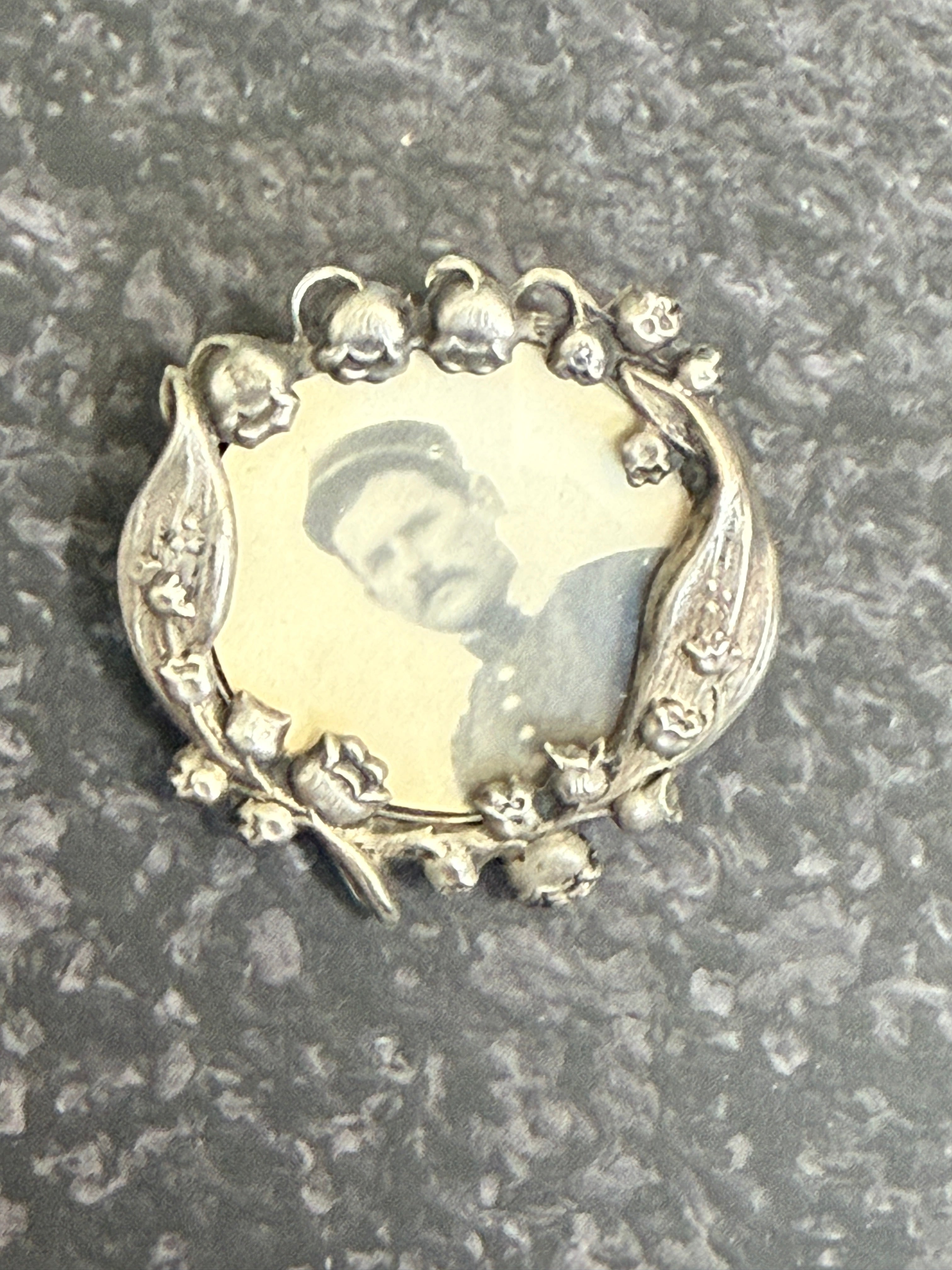 WWI French Sweetheart Brooch with Soldier Portrait – Lily of the Valley – Documented Example