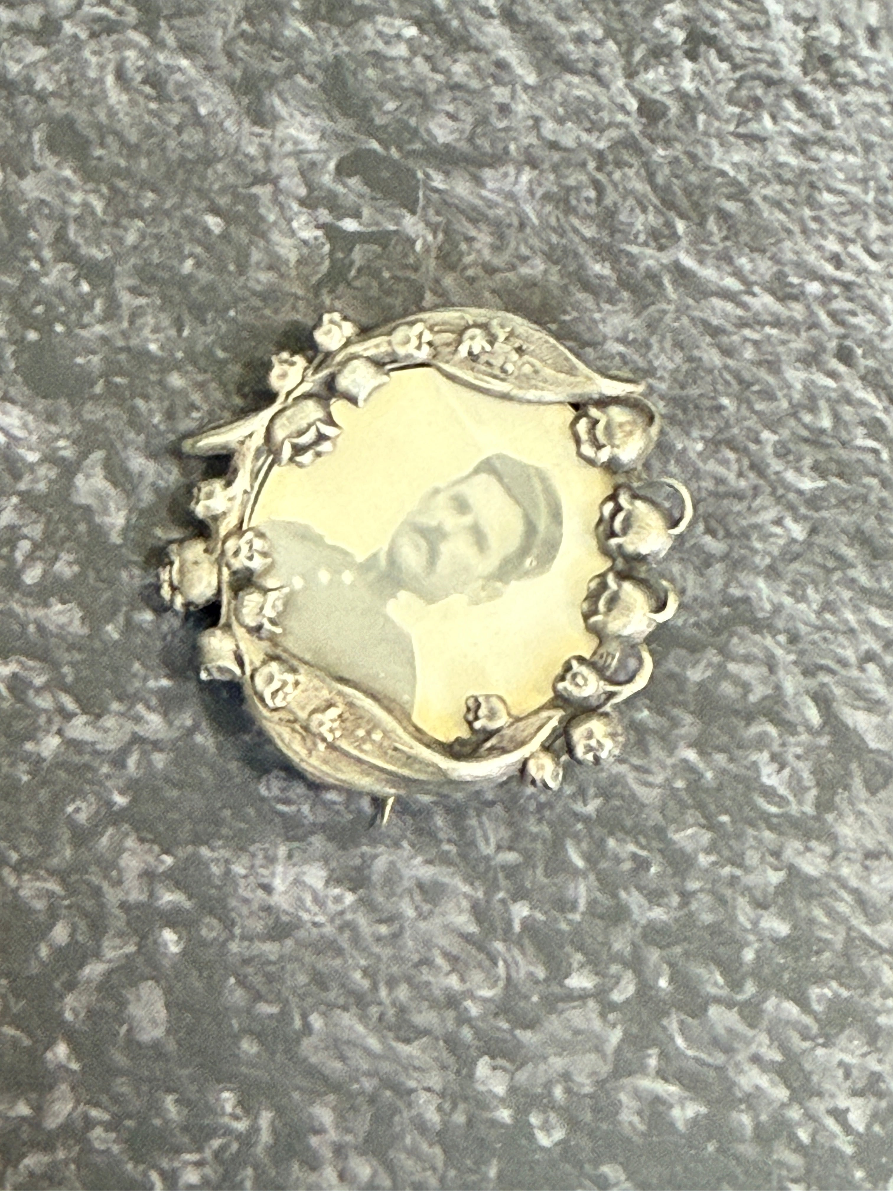 WWI French Sweetheart Brooch with Soldier Portrait – Lily of the Valley – Documented Example