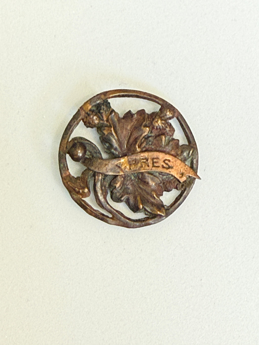 WWI French Sweetheart Brooch – "YPRES" Copper Chestnut Leaf Brooch