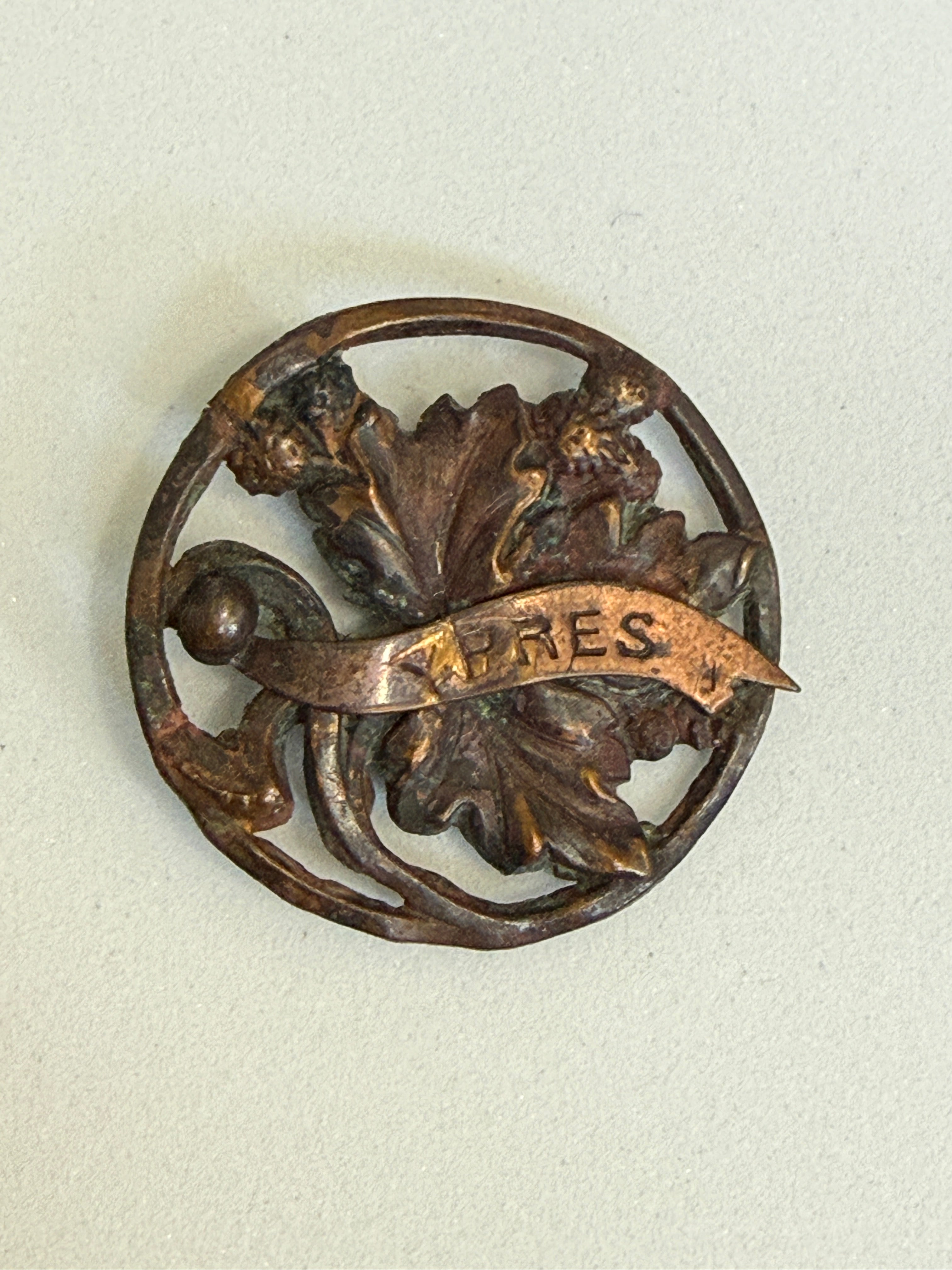 WWI French Sweetheart Brooch – "YPRES" Copper Chestnut Leaf Brooch