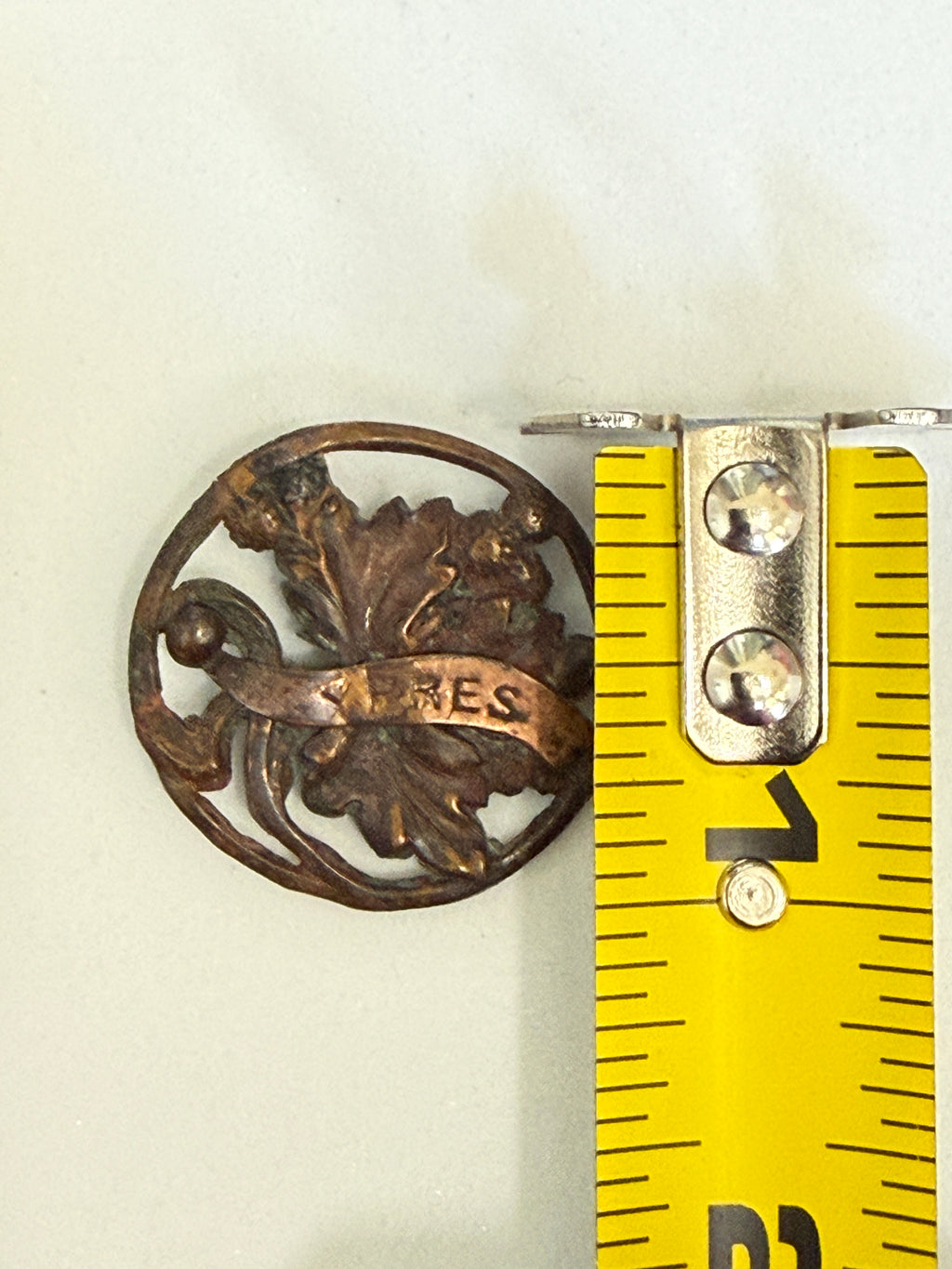 WWI French Sweetheart Brooch – "YPRES" Copper Chestnut Leaf Brooch