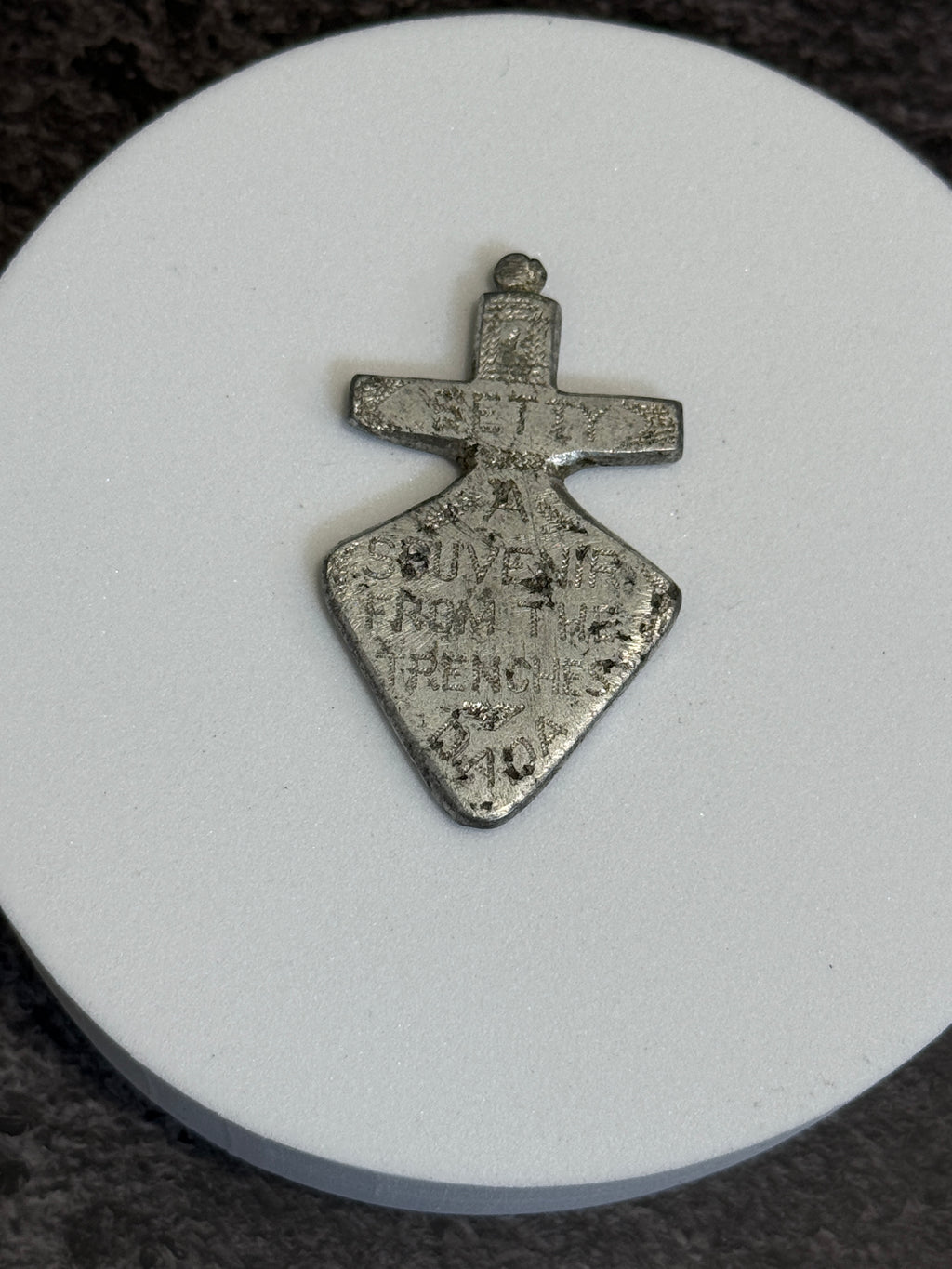 WWI Trench Art Aluminum Pendant – "Betty" Personalized Souvenir From the Trenches "DADA"