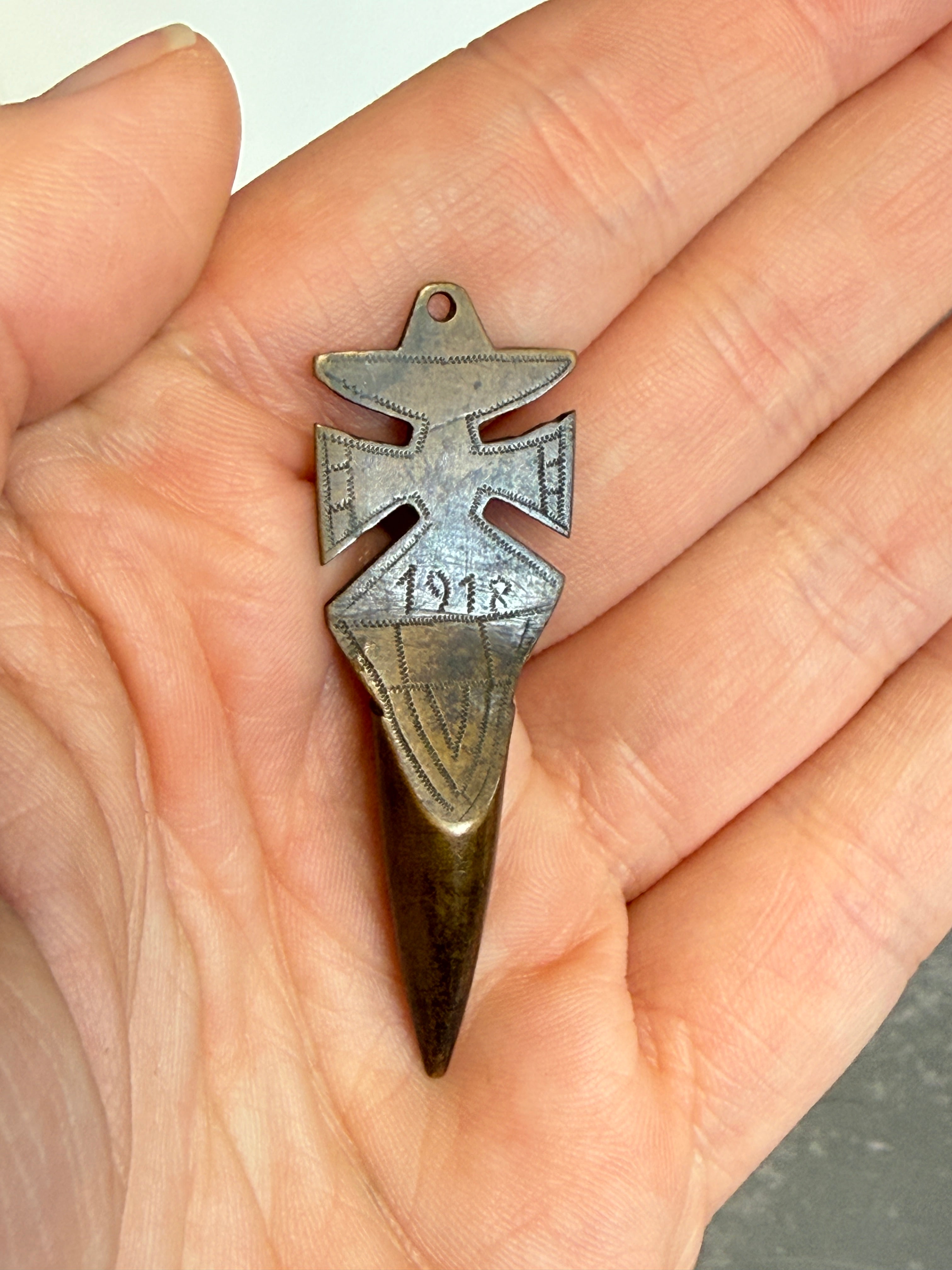 WWI Trench Art Bullet Pendant | Iron Cross Form, Dated 1914–1918