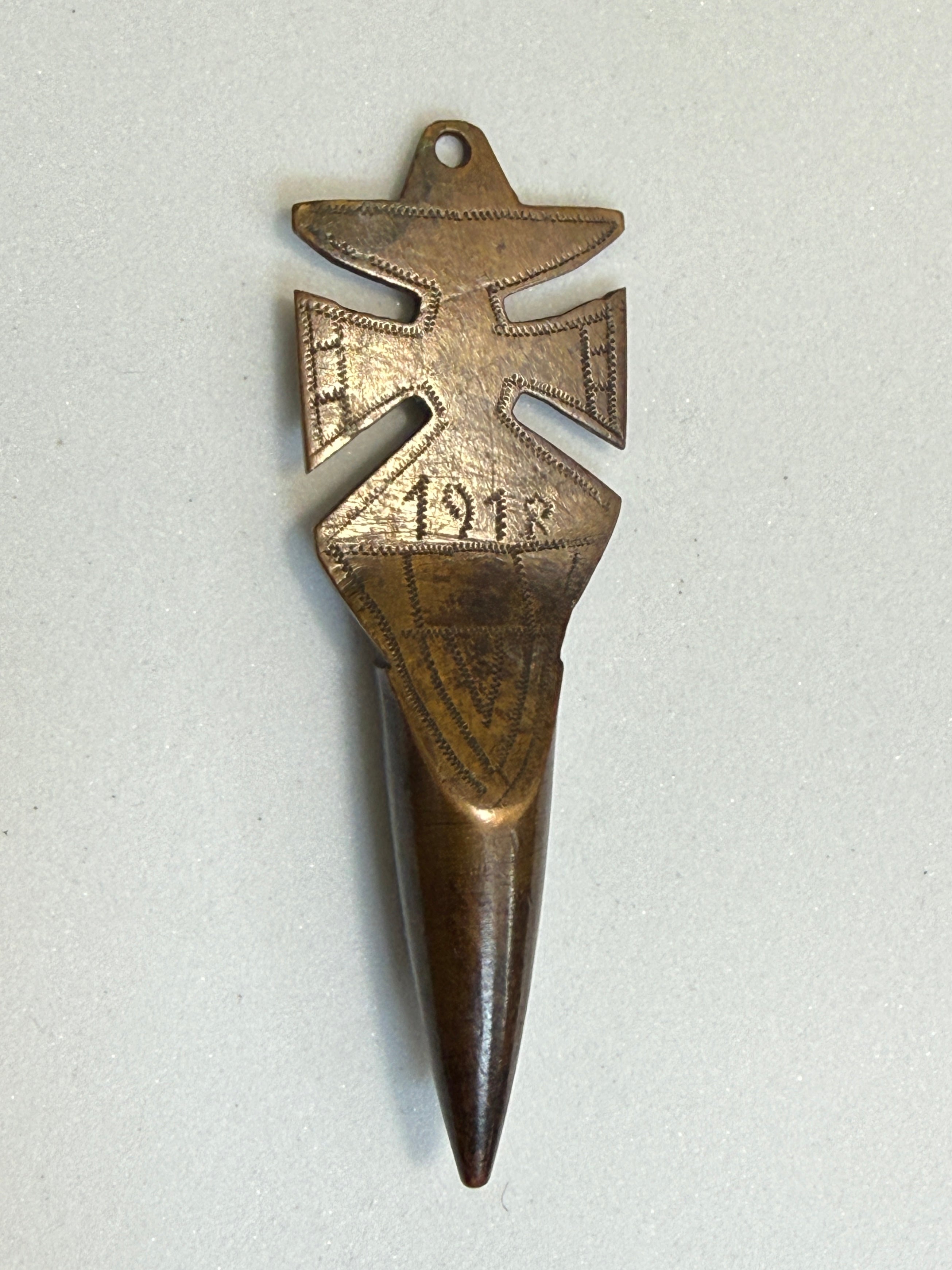 WWI Trench Art Bullet Pendant | Iron Cross Form, Dated 1914–1918
