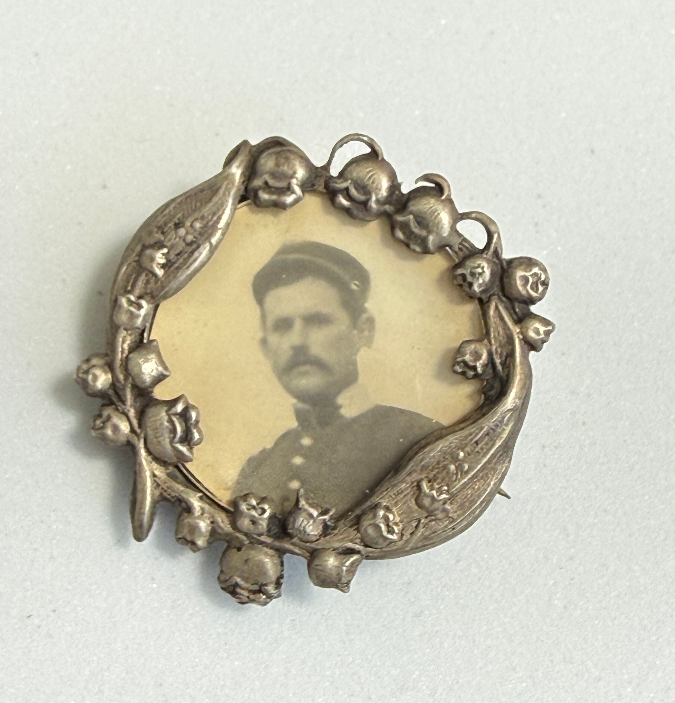 WWI French Sweetheart Brooch with Soldier Portrait – Lily of the Valley – Documented Example