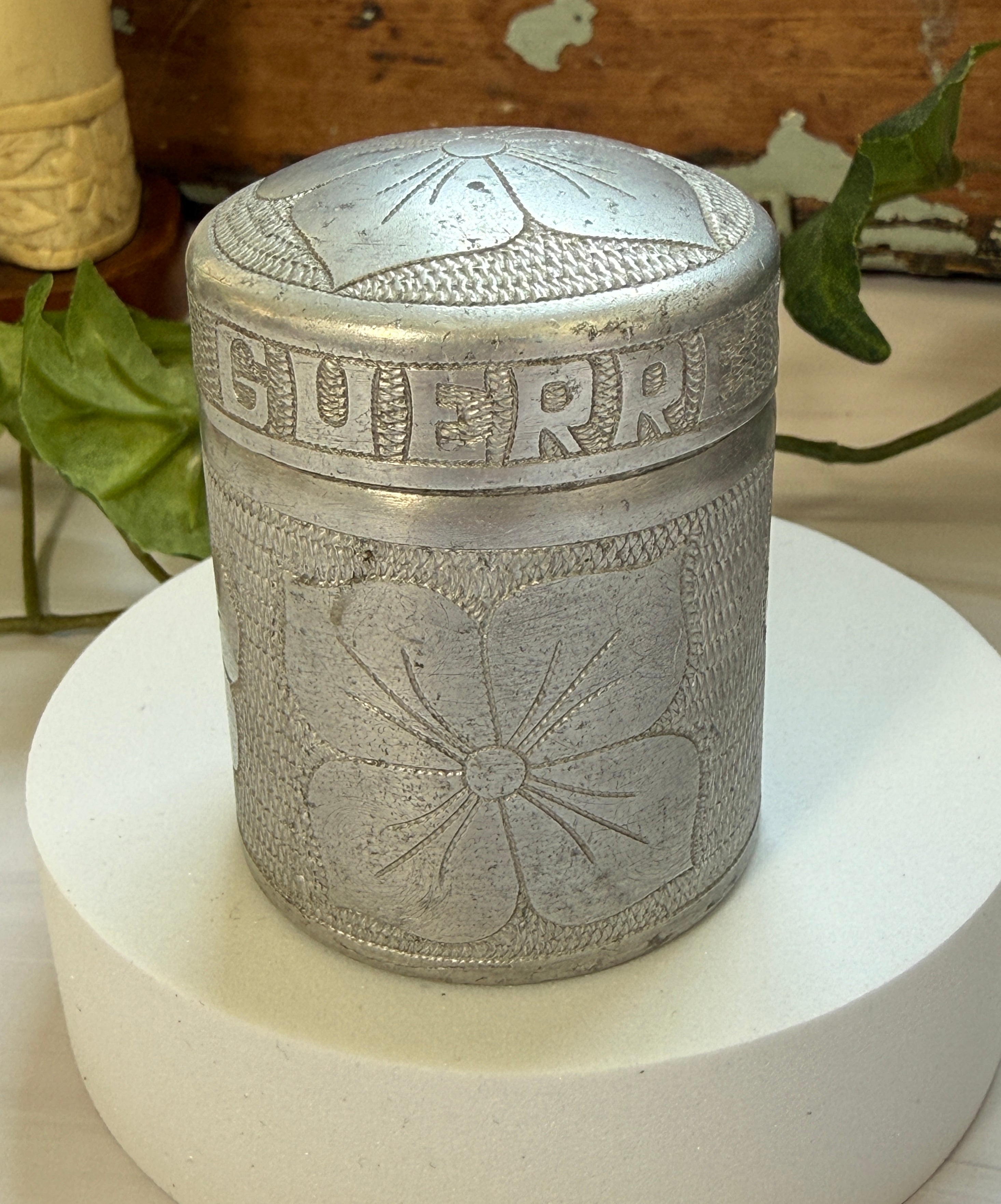 WWII Belgian Aluminum Trench Art Treasure Box | Engraved "Guerre" & "Rita"