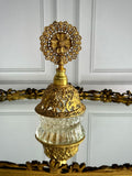 Vintage Gilt Filigree & Cut Glass Perfume Bottle – Ornate Floral Stopper