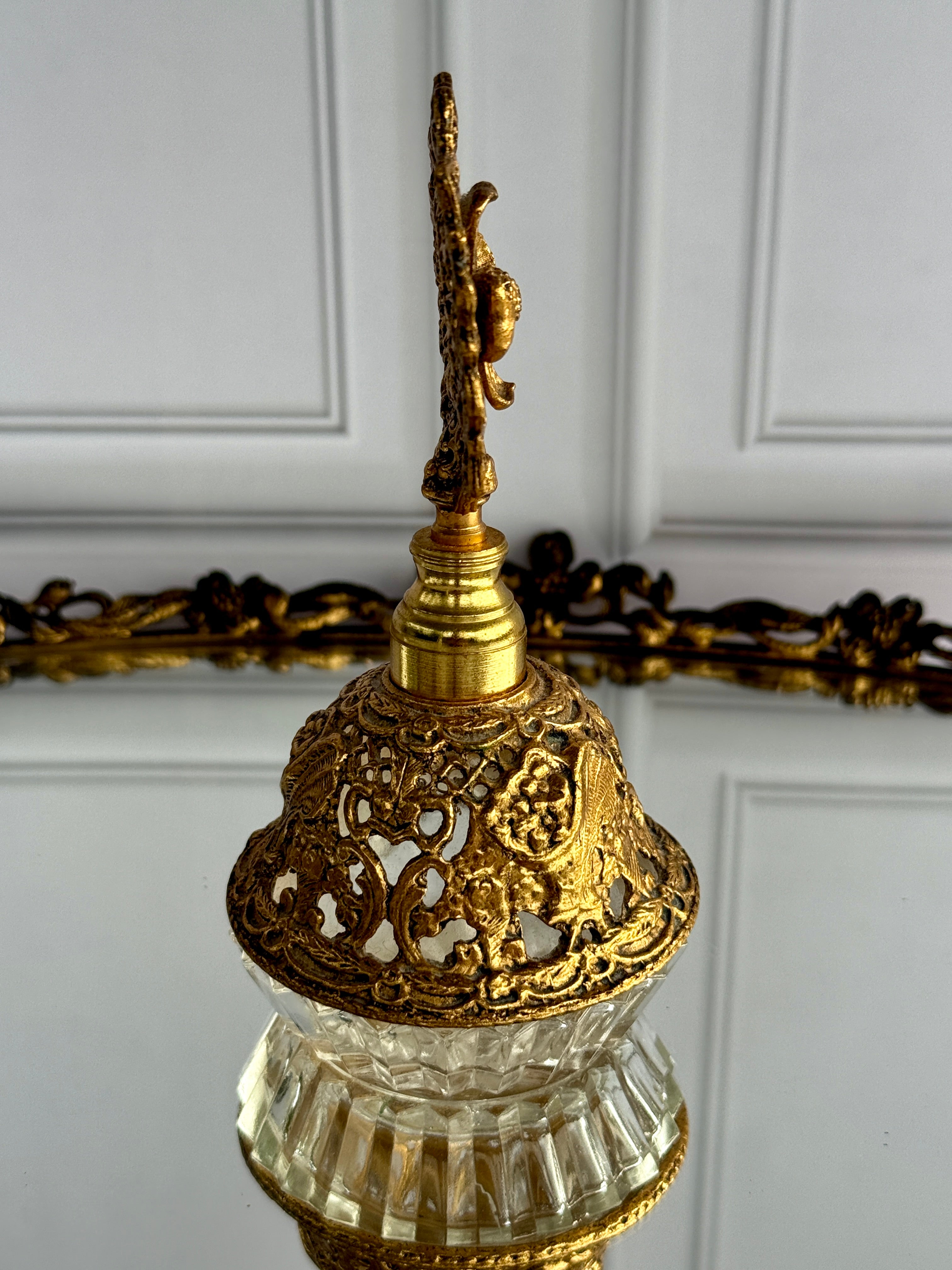 Vintage Gilt Filigree & Cut Glass Perfume Bottle – Ornate Floral Stopper