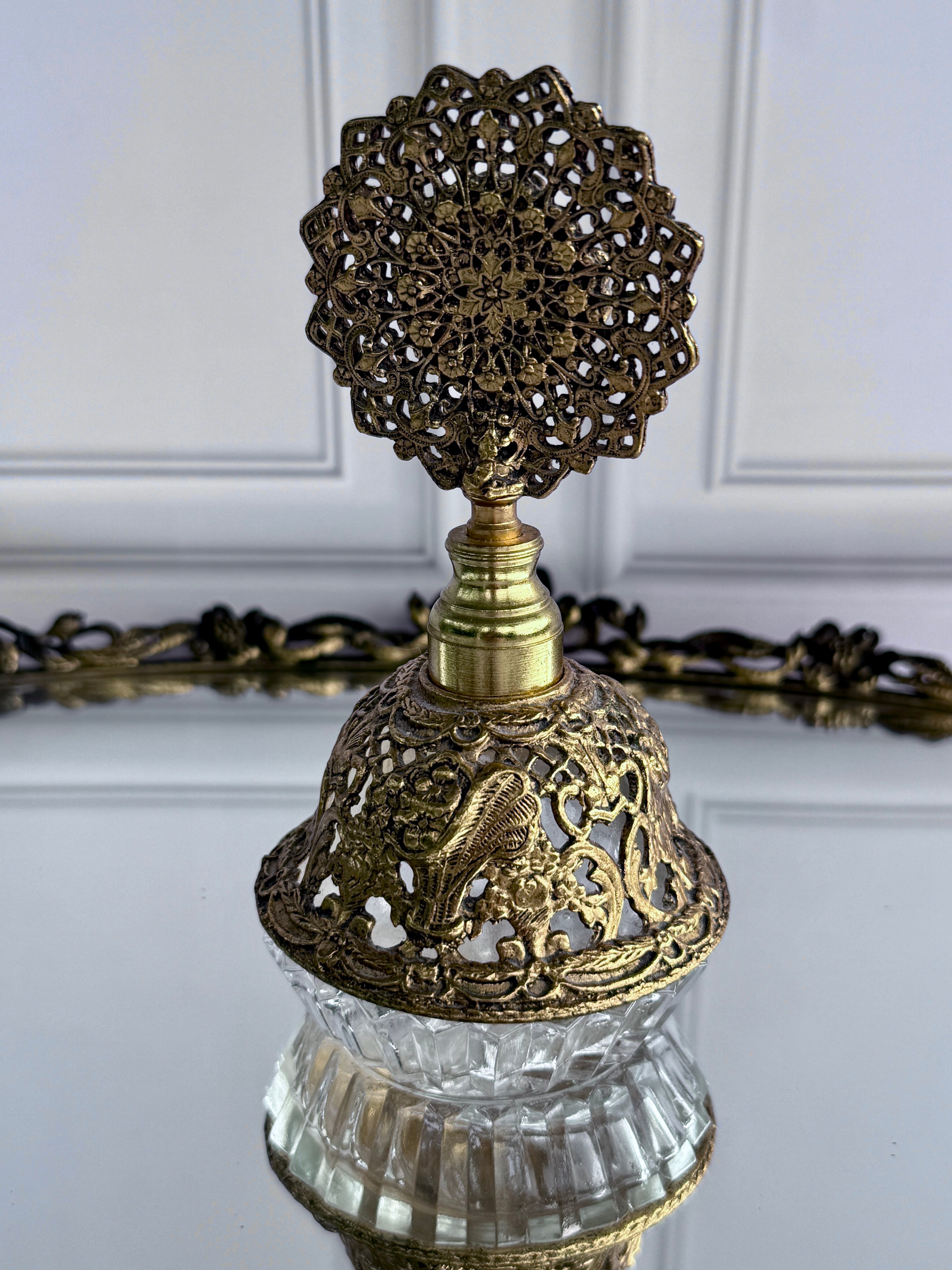 Vintage Gilt Filigree & Cut Glass Perfume Bottle – Ornate Floral Stopper