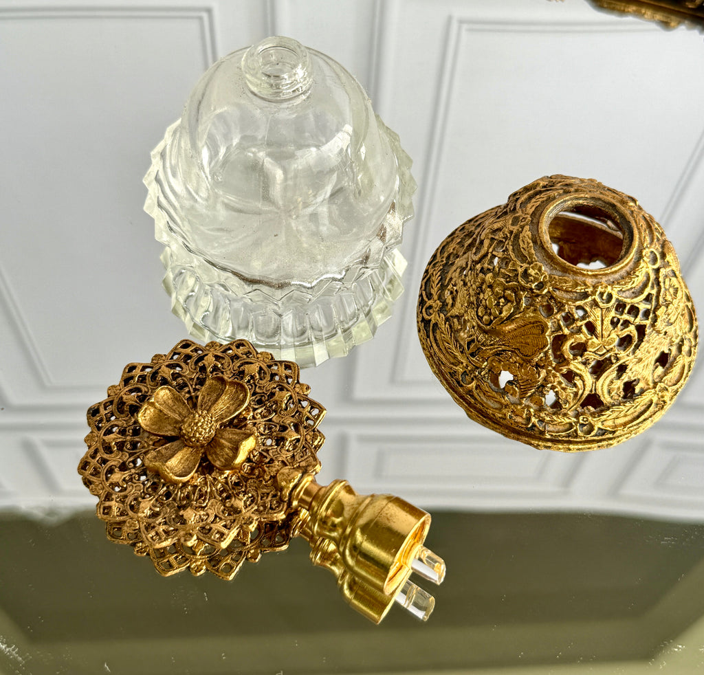 Vintage Gilt Filigree & Cut Glass Perfume Bottle – Ornate Floral Stopper