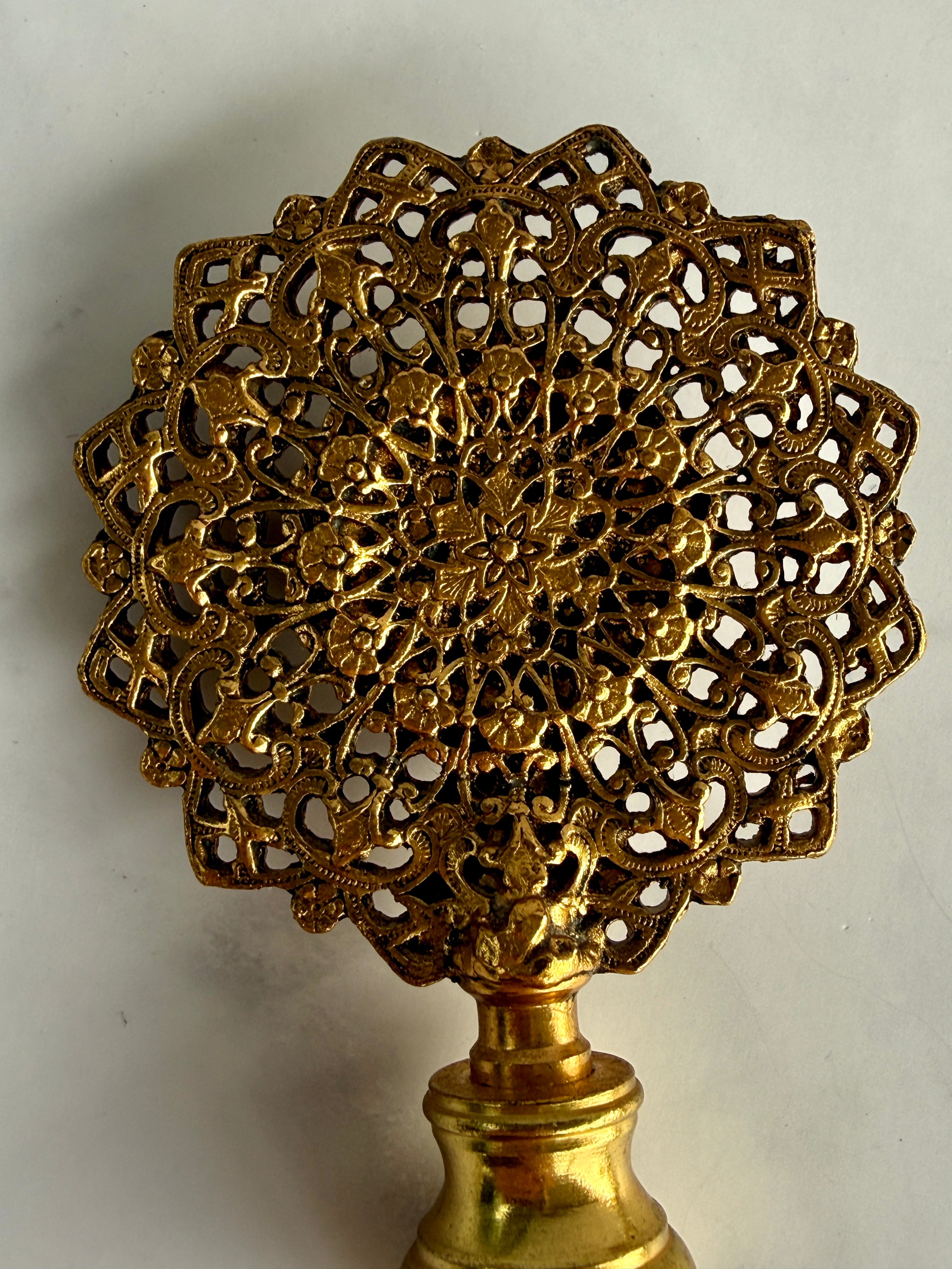 Vintage Gilt Filigree & Cut Glass Perfume Bottle – Ornate Floral Stopper