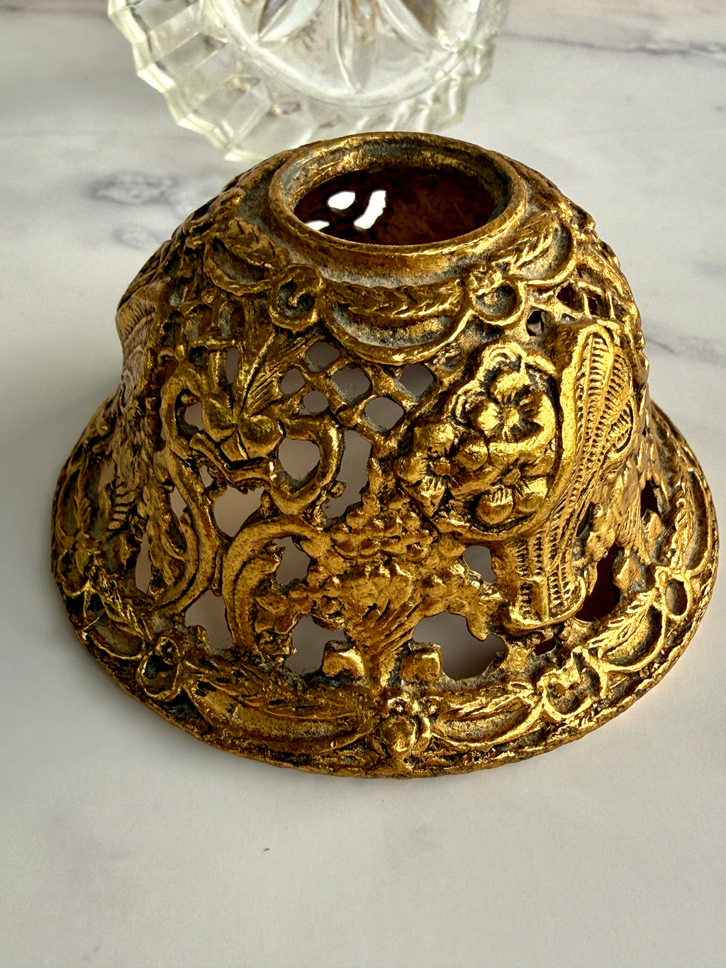 Vintage Gilt Filigree & Cut Glass Perfume Bottle – Ornate Floral Stopper