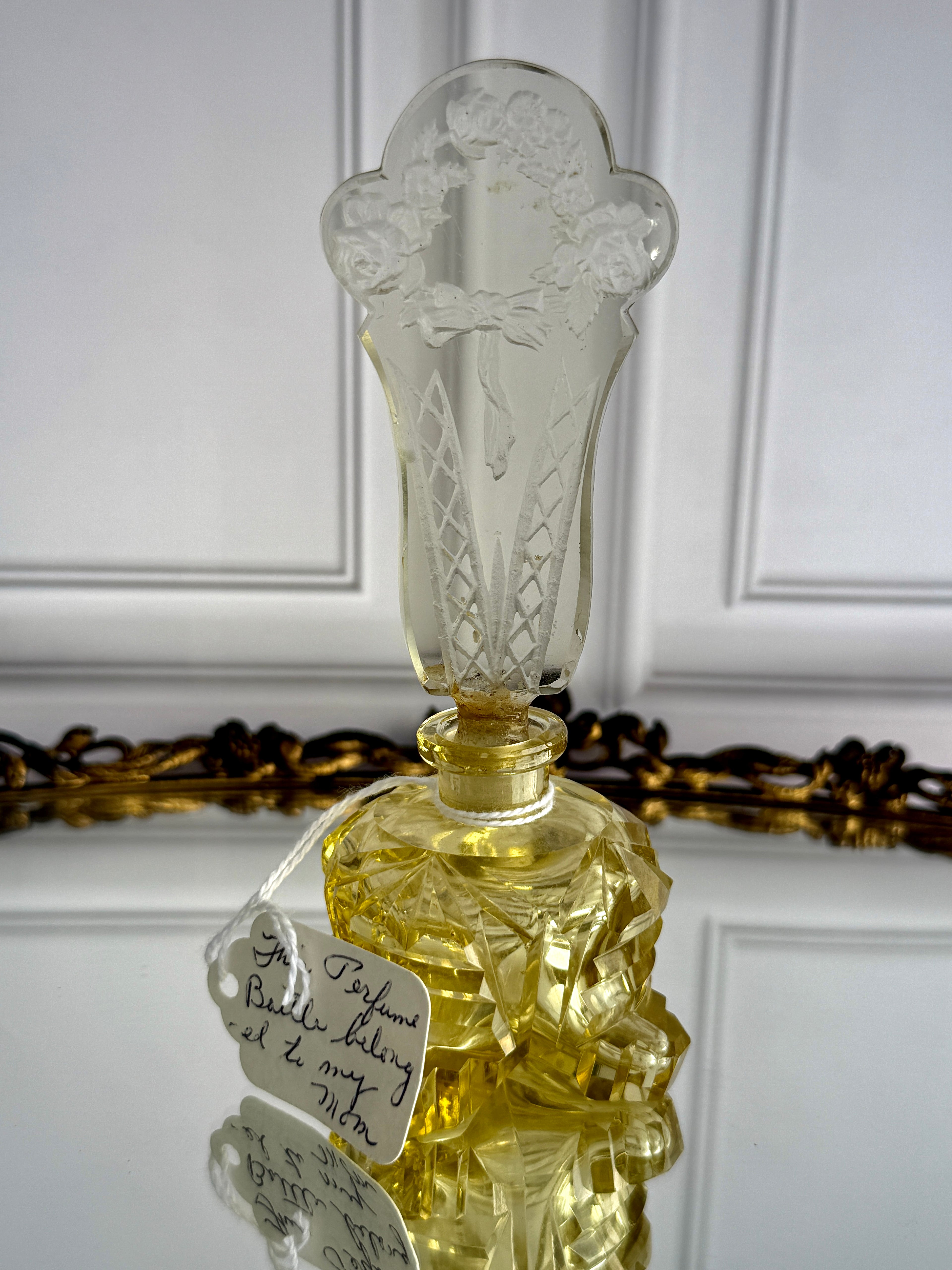 Vintage Cut Crystal Perfume Bottle with Monumental Floral Stopper – 6"