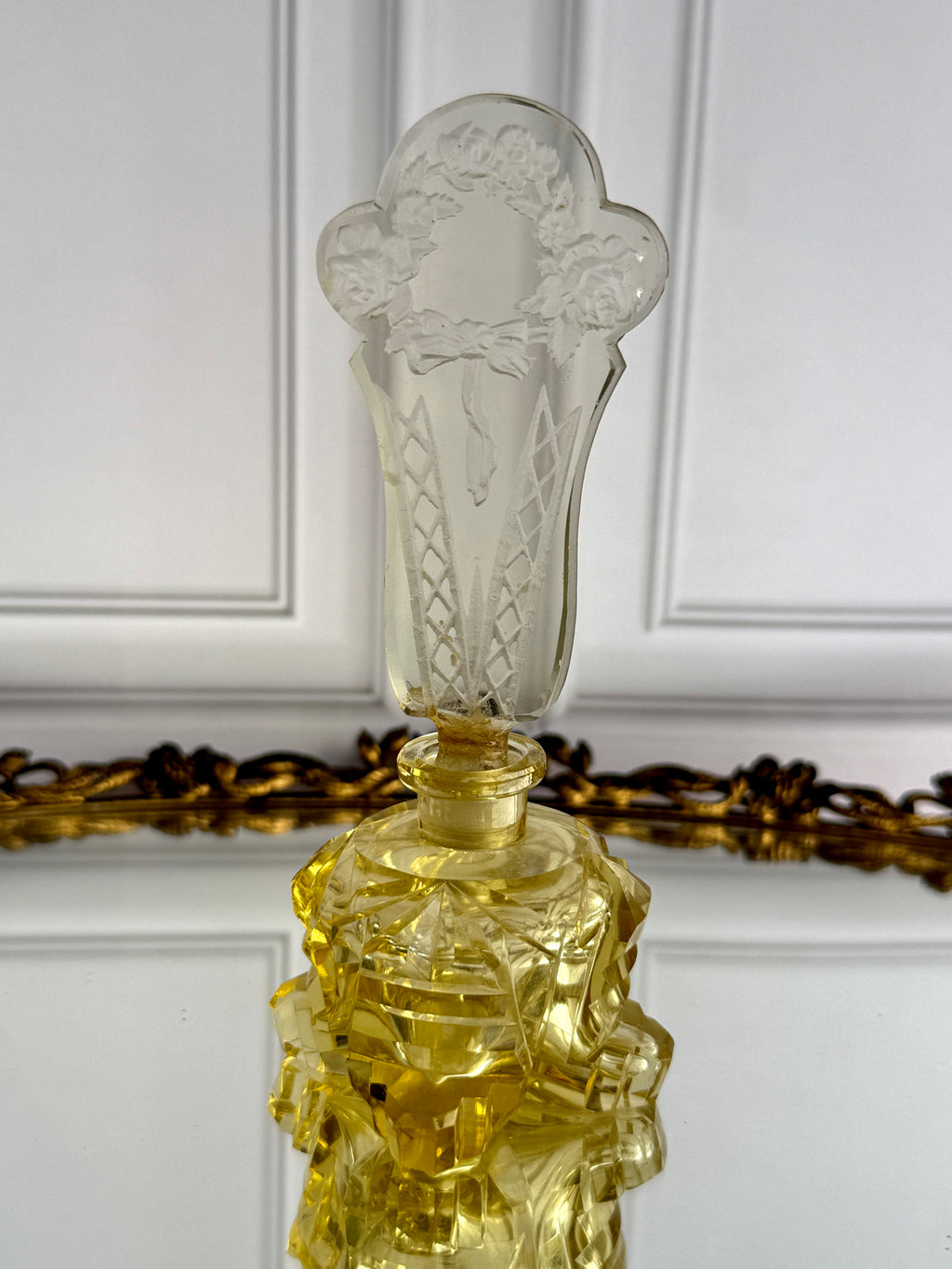 Vintage Cut Crystal Perfume Bottle with Monumental Floral Stopper – 6"
