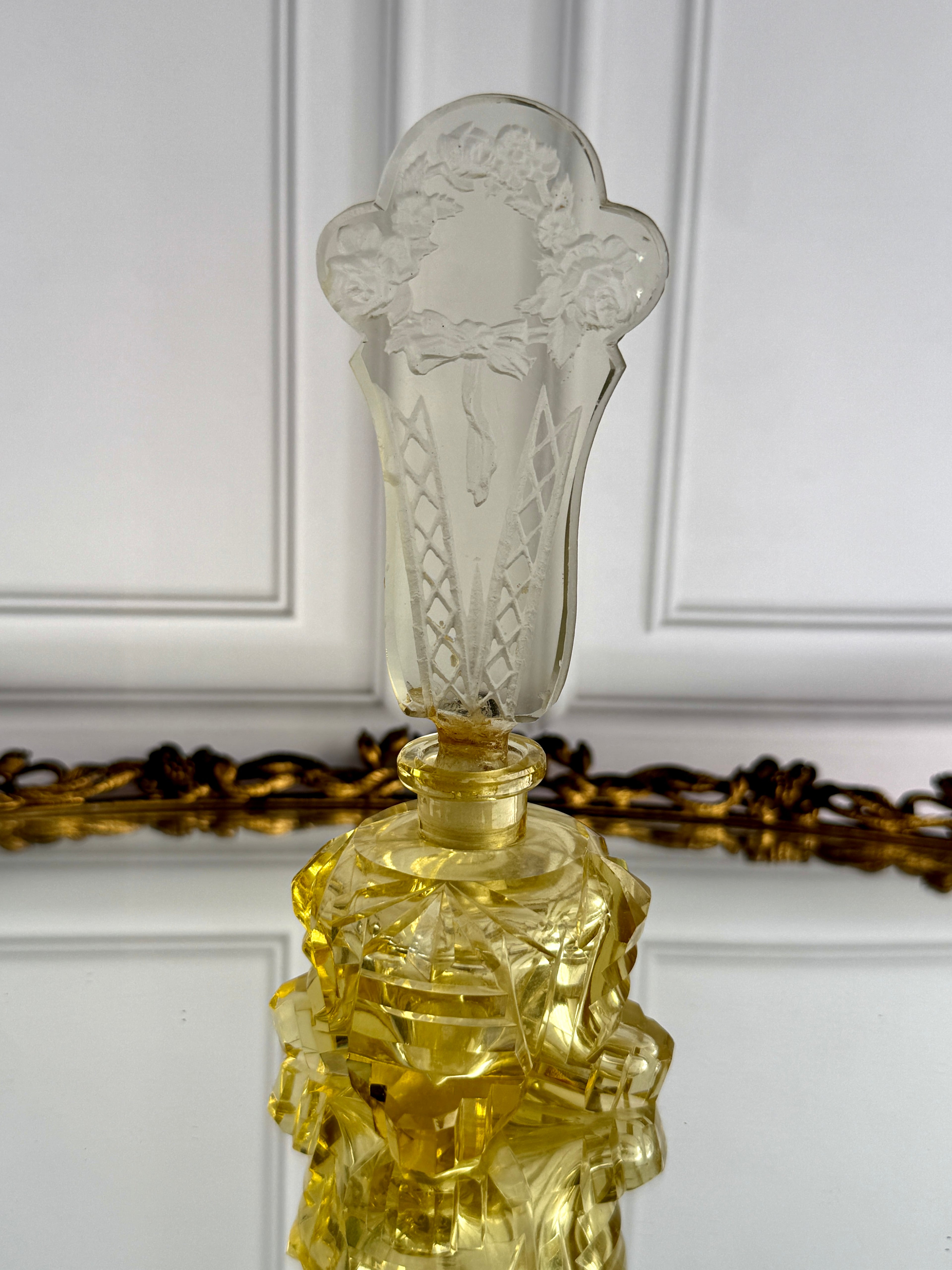 Vintage Cut Crystal Perfume Bottle with Monumental Floral Stopper – 6"