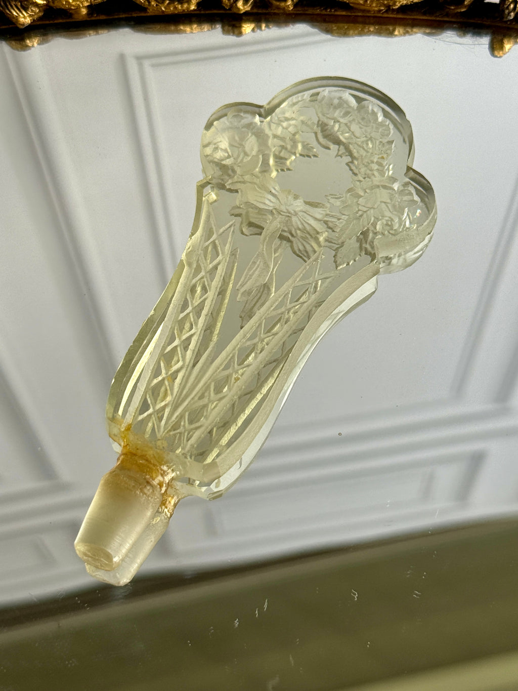 Vintage Cut Crystal Perfume Bottle with Monumental Floral Stopper – 6"