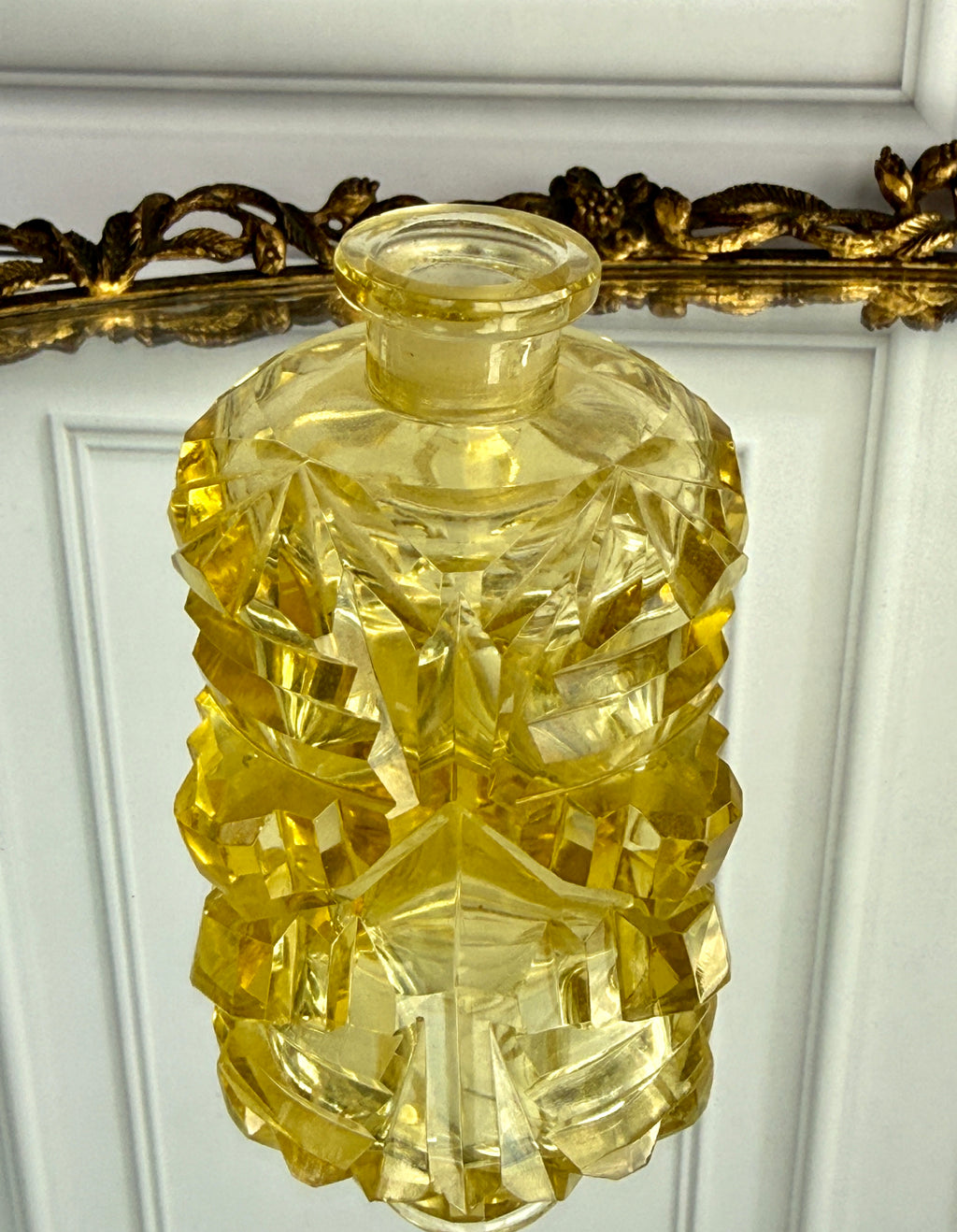Vintage Cut Crystal Perfume Bottle with Monumental Floral Stopper – 6"