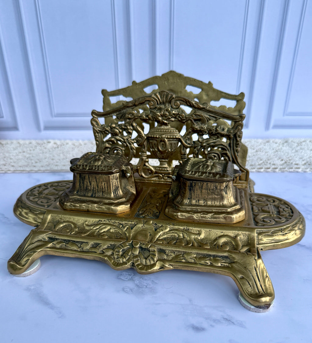 Antique Ornate Brass Double Inkwell Desk Stand